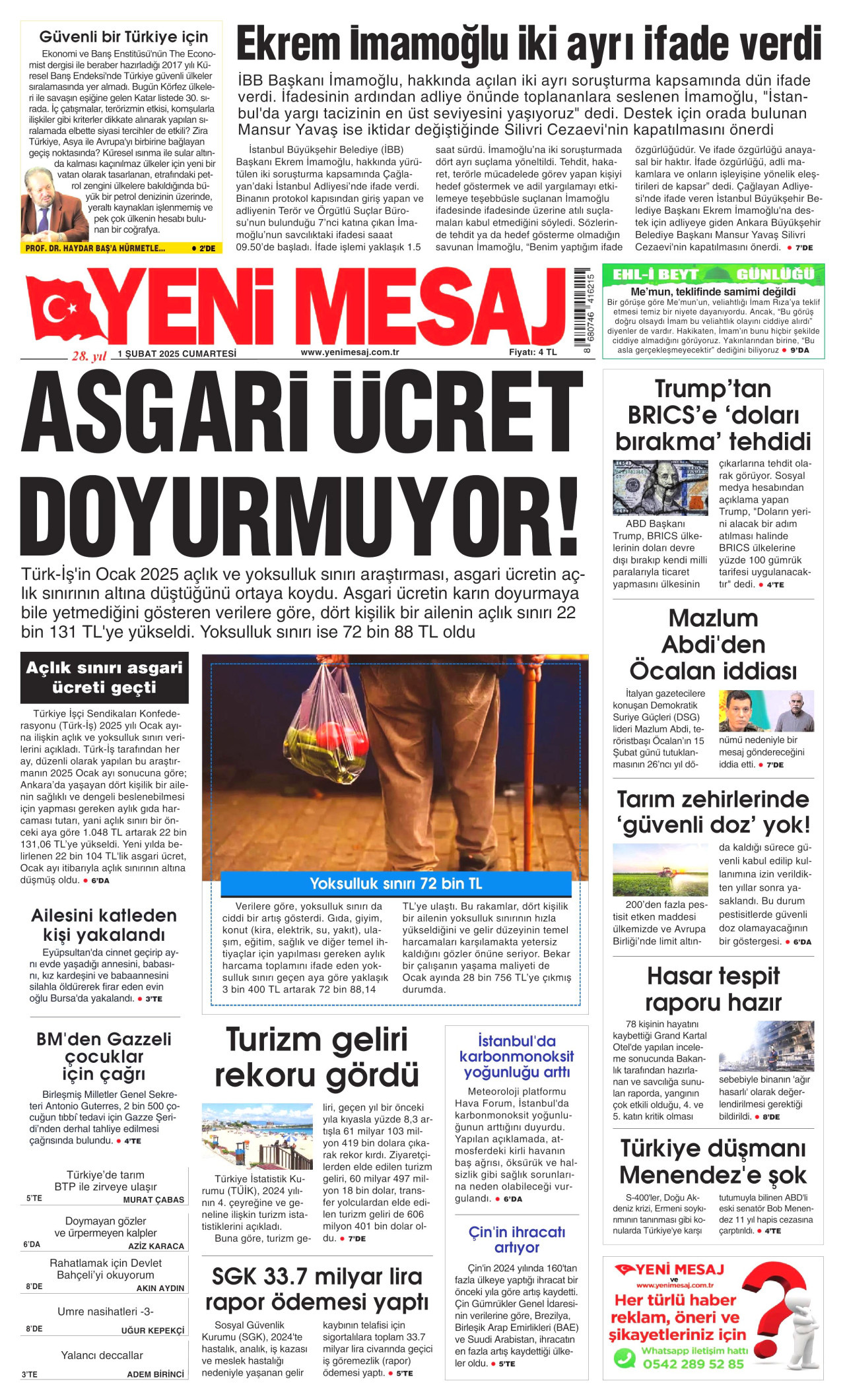 YENİ MESAJ gazetesinin 1 Şubat 2025 tarihli birinci sayfası
