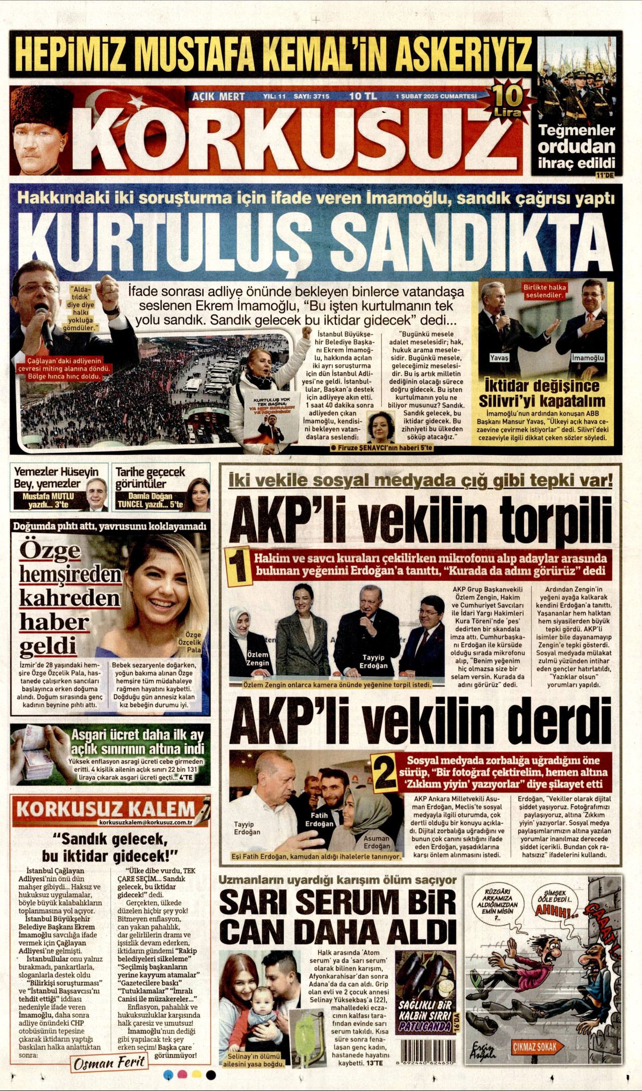 KORKUSUZ gazetesinin 1 Şubat 2025 tarihli birinci sayfası