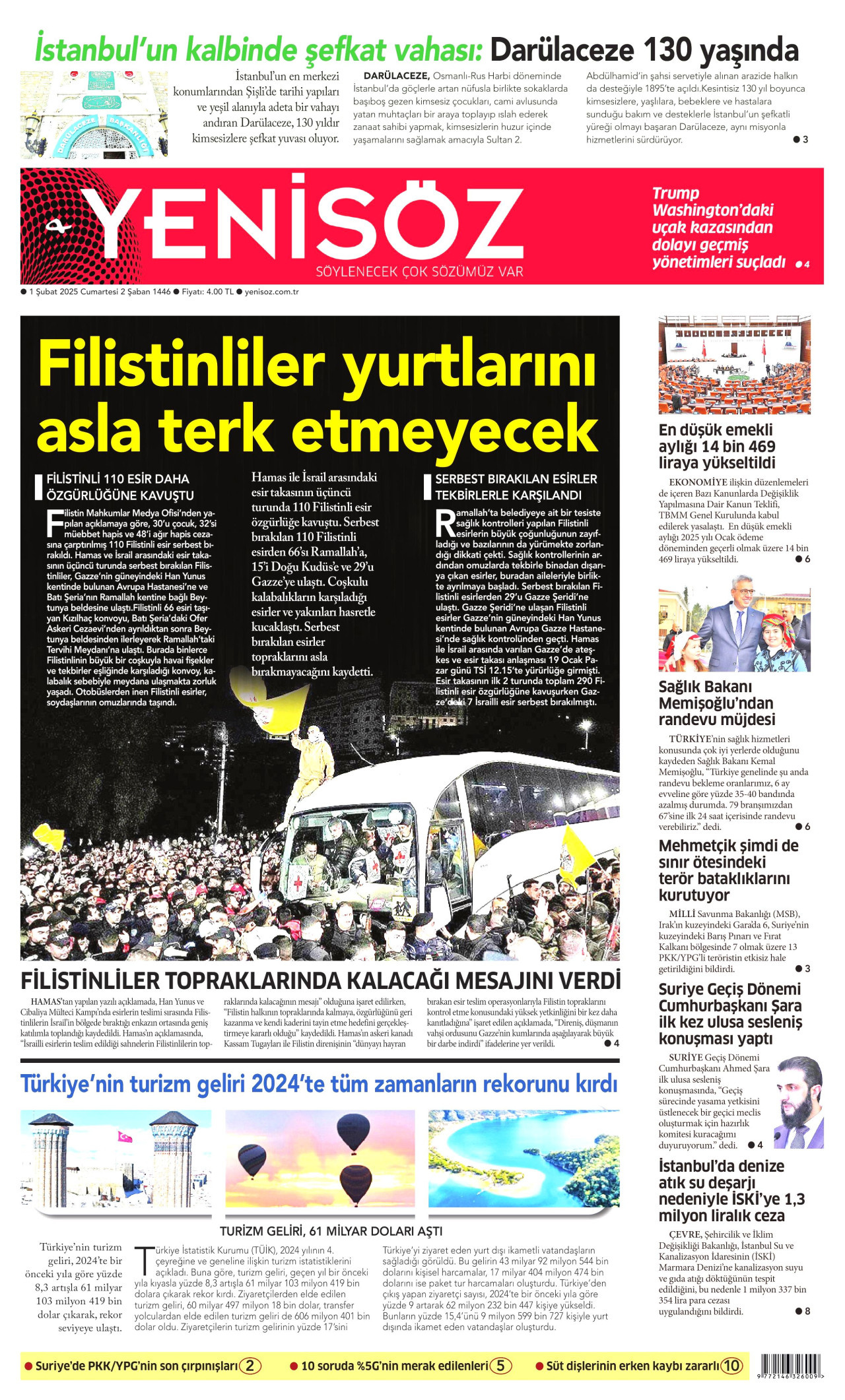 YENİ SÖZ GAZETESİ gazetesinin 1 Şubat 2025 tarihli birinci sayfası