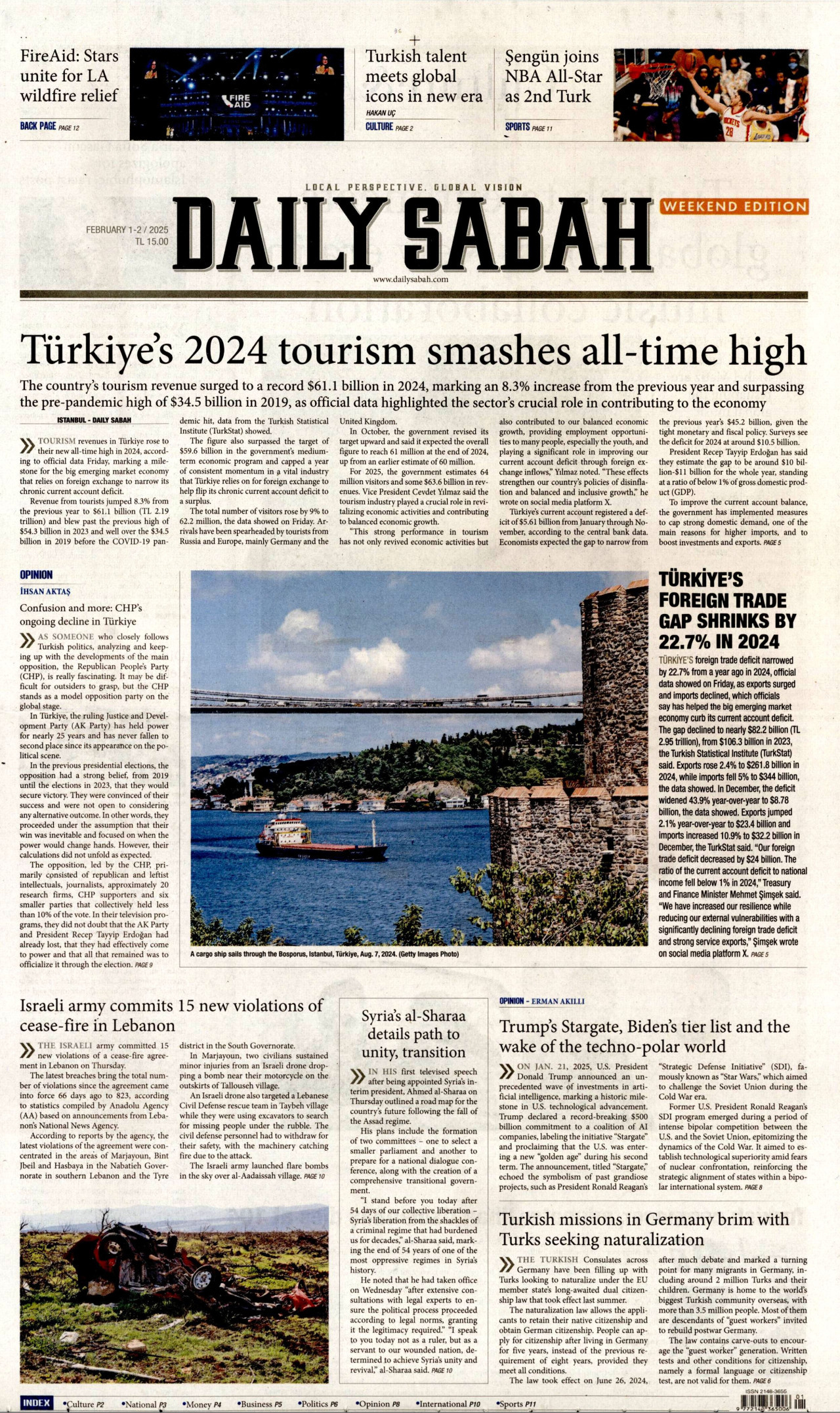 DAİLY SABAH gazetesinin 1 Şubat 2025 tarihli birinci sayfası