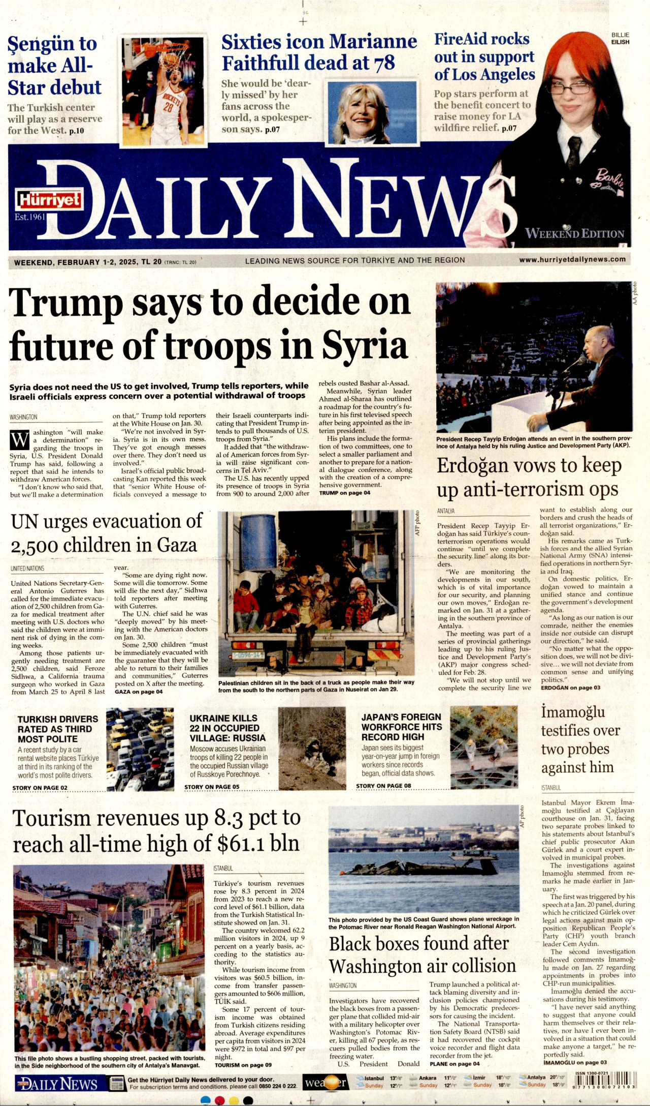 HÜRRİYET DAİLY NEWS gazetesinin 1 Şubat 2025 tarihli birinci sayfası