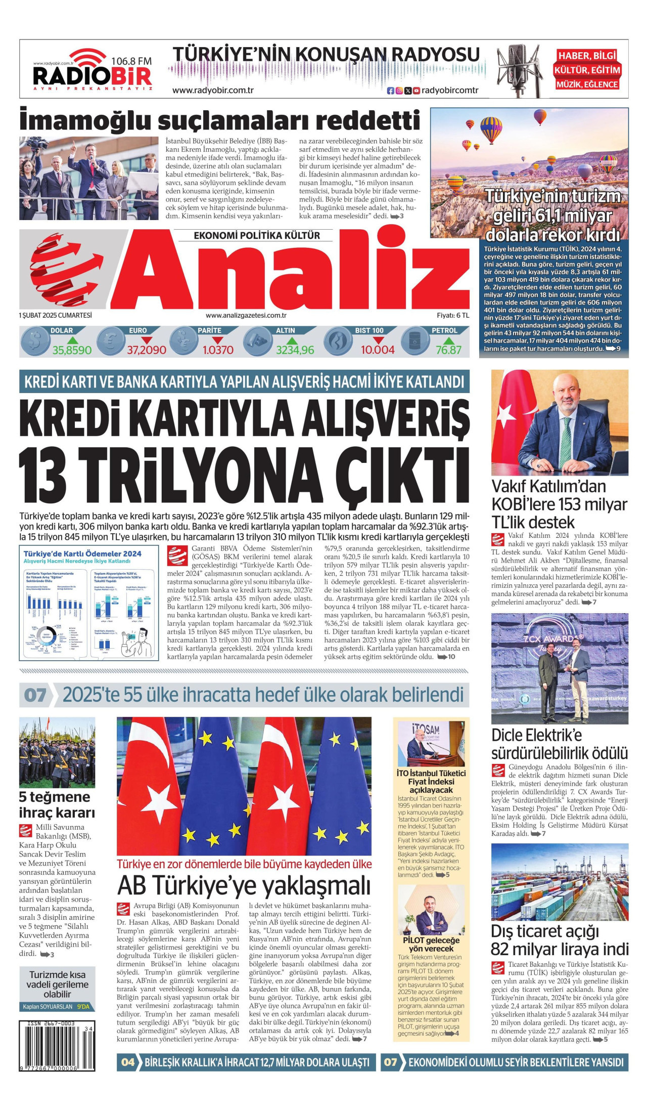 ANALİZ gazetesinin 1 Şubat 2025 tarihli birinci sayfası