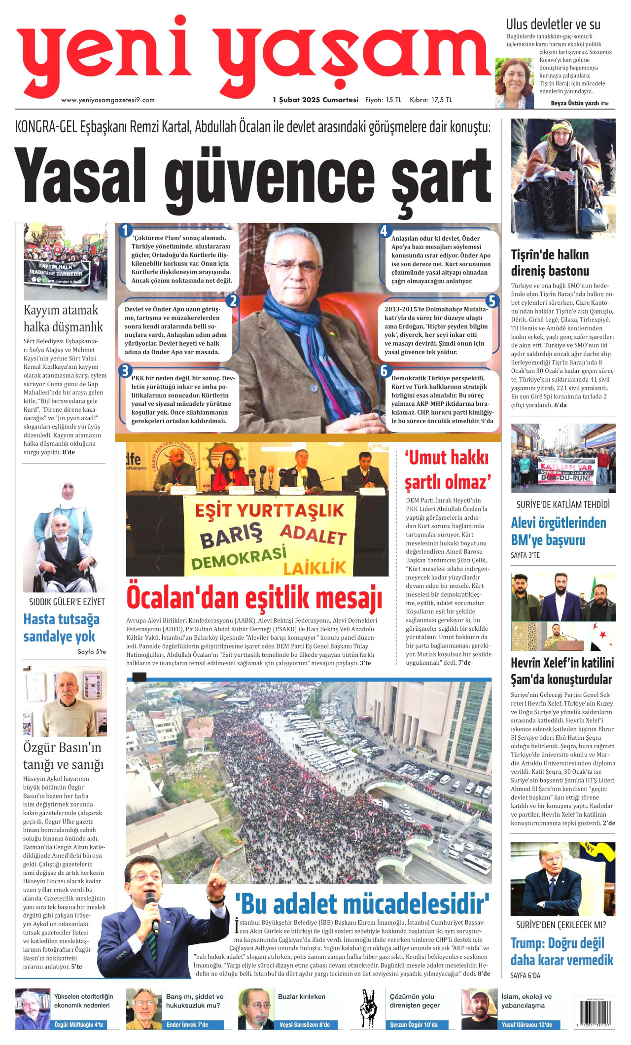 YENİ YAŞAM gazetesinin 1 Şubat 2025 tarihli birinci sayfası