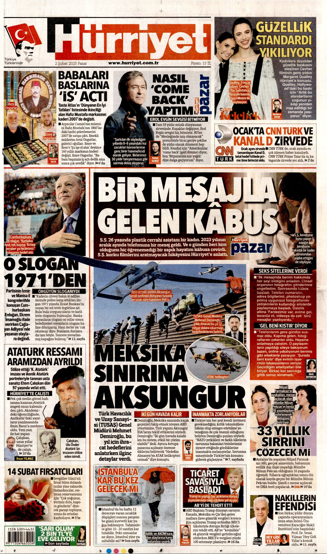HÜRRİYET gazetesinin 2 Şubat 2025 tarihli birinci sayfası