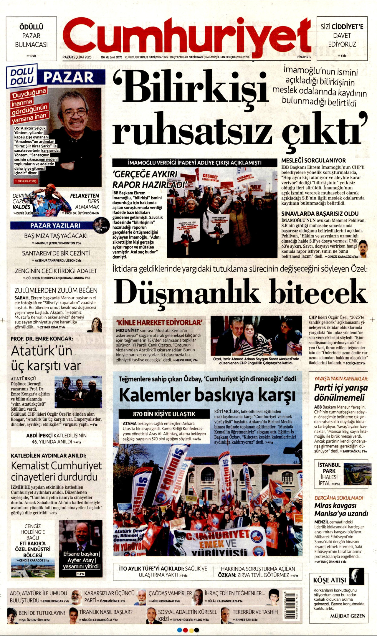 CUMHURİYET gazetesinin 2 Şubat 2025 tarihli birinci sayfası