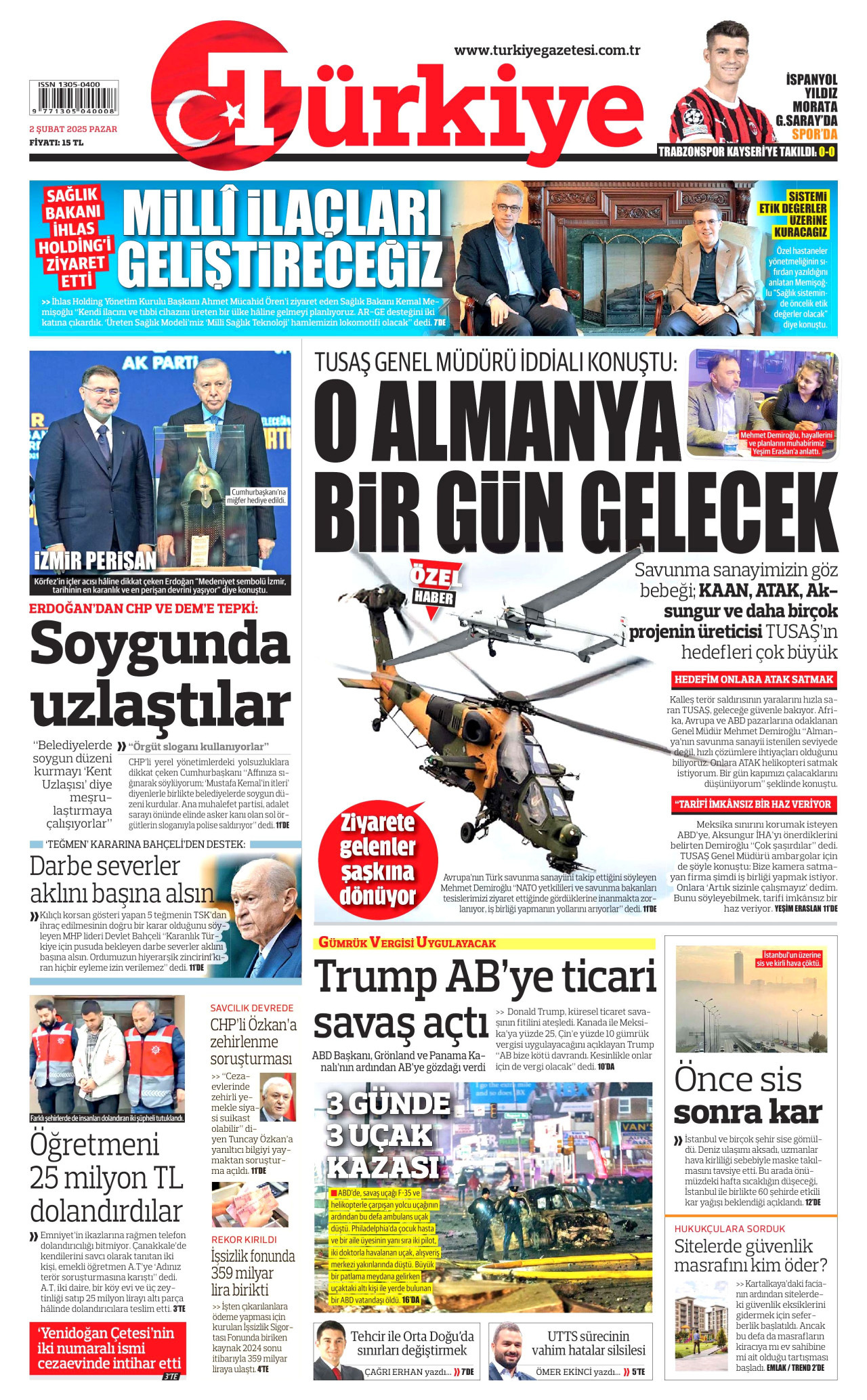 TÜRKİYE GAZETESİ gazetesinin 2 Şubat 2025 tarihli birinci sayfası