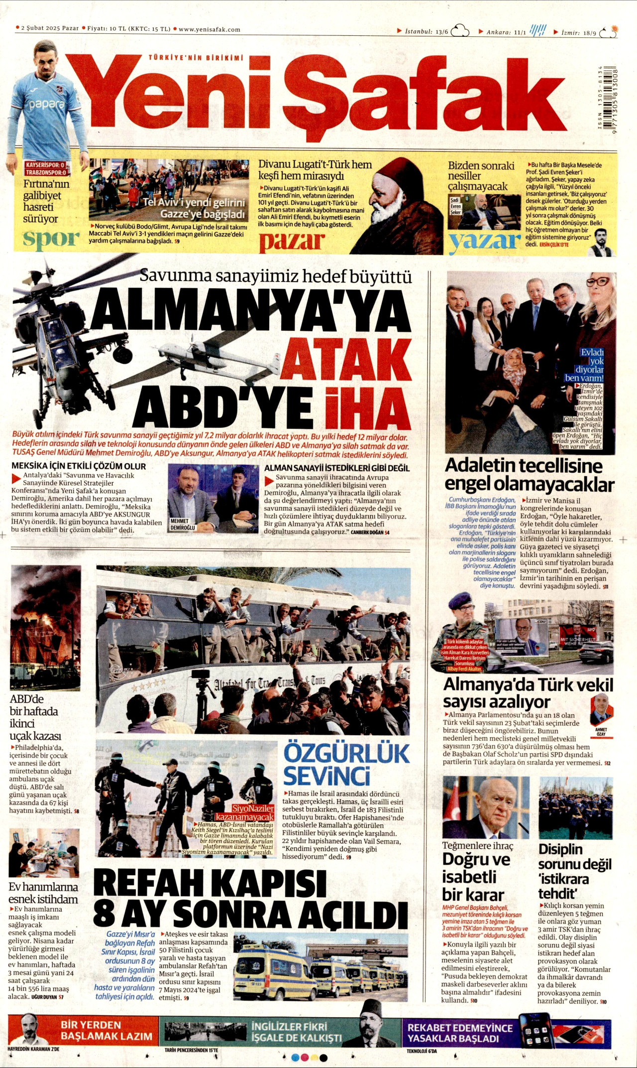 YENİ ŞAFAK gazetesinin 2 Şubat 2025 tarihli birinci sayfası