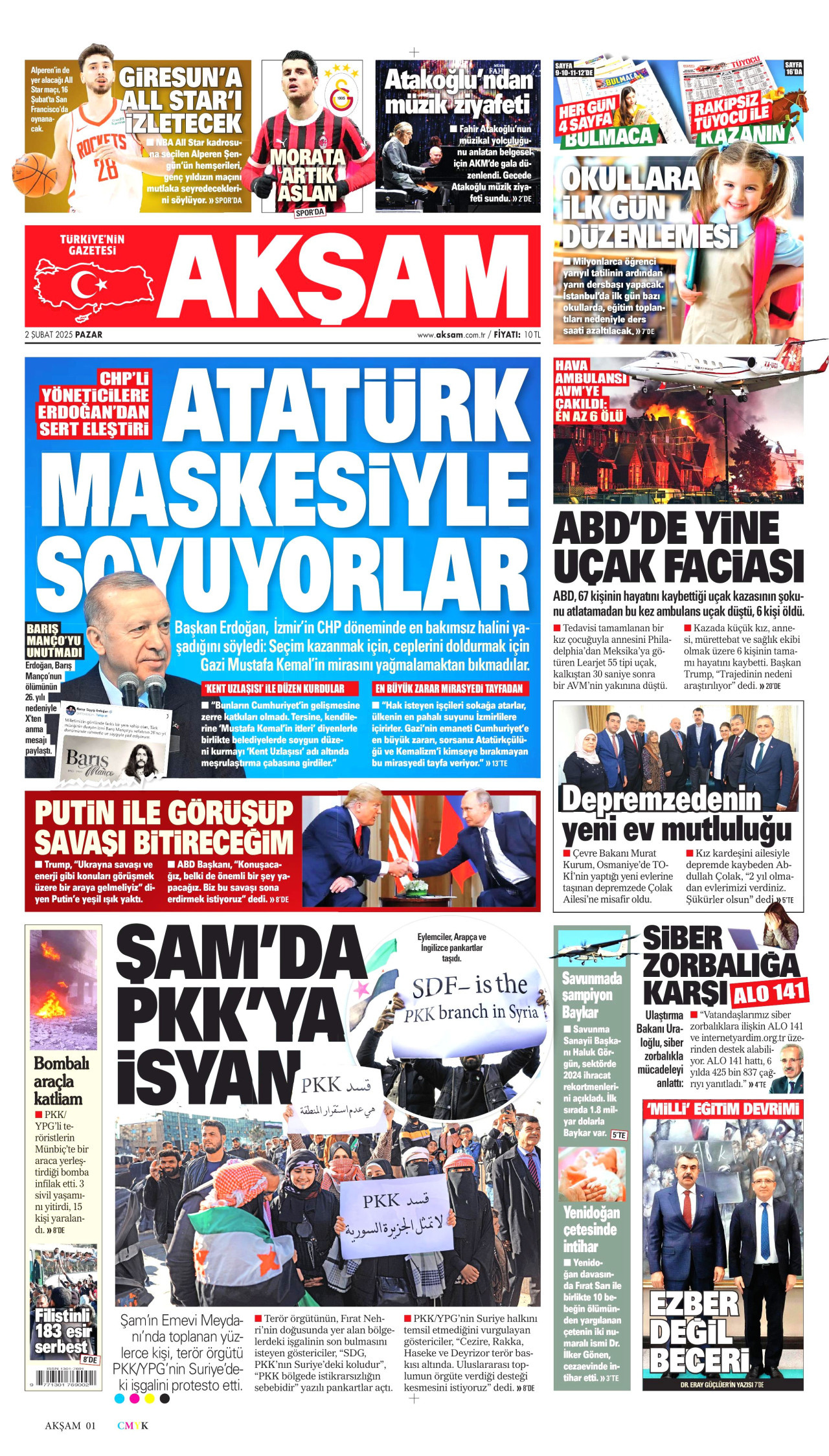 AKŞAM gazetesinin 2 Şubat 2025 tarihli birinci sayfası