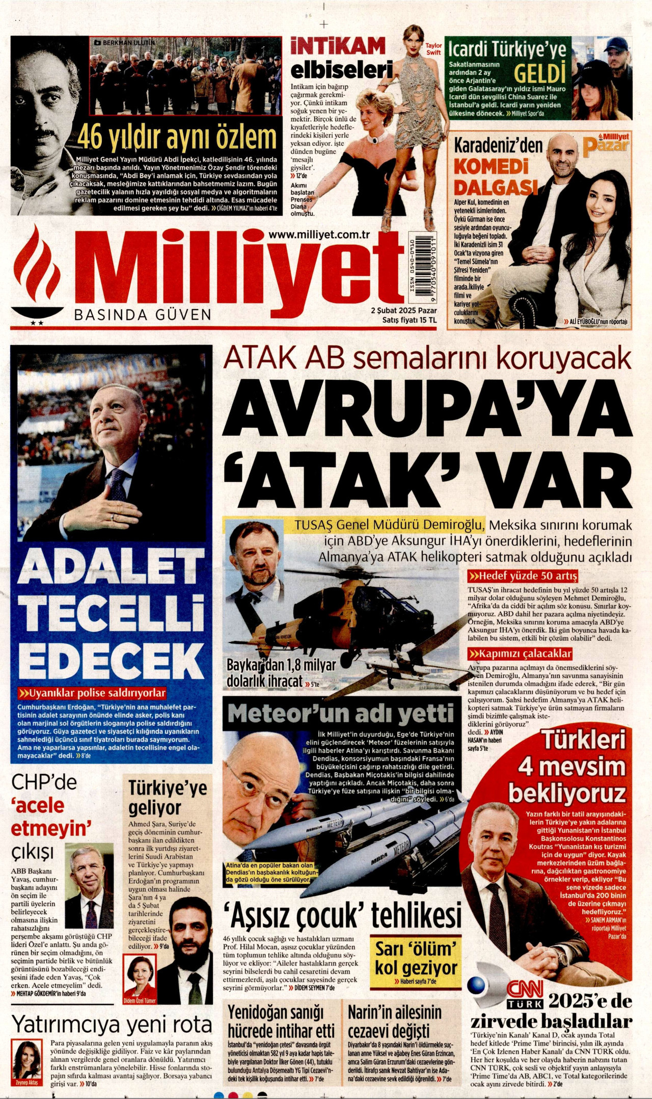 MİLLİYET gazetesinin 2 Şubat 2025 tarihli birinci sayfası