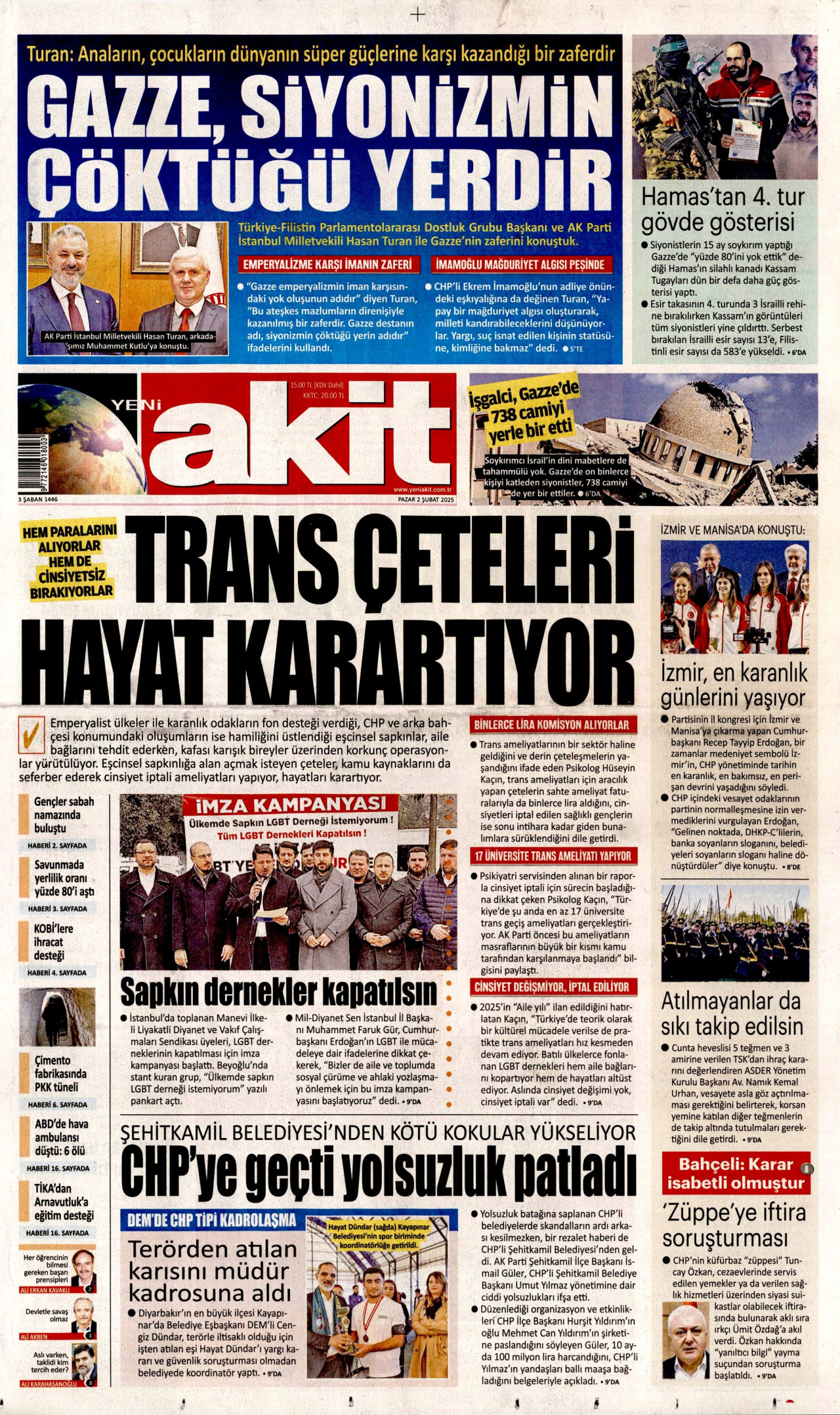 YENİ AKİT gazetesinin 2 Şubat 2025 tarihli birinci sayfası
