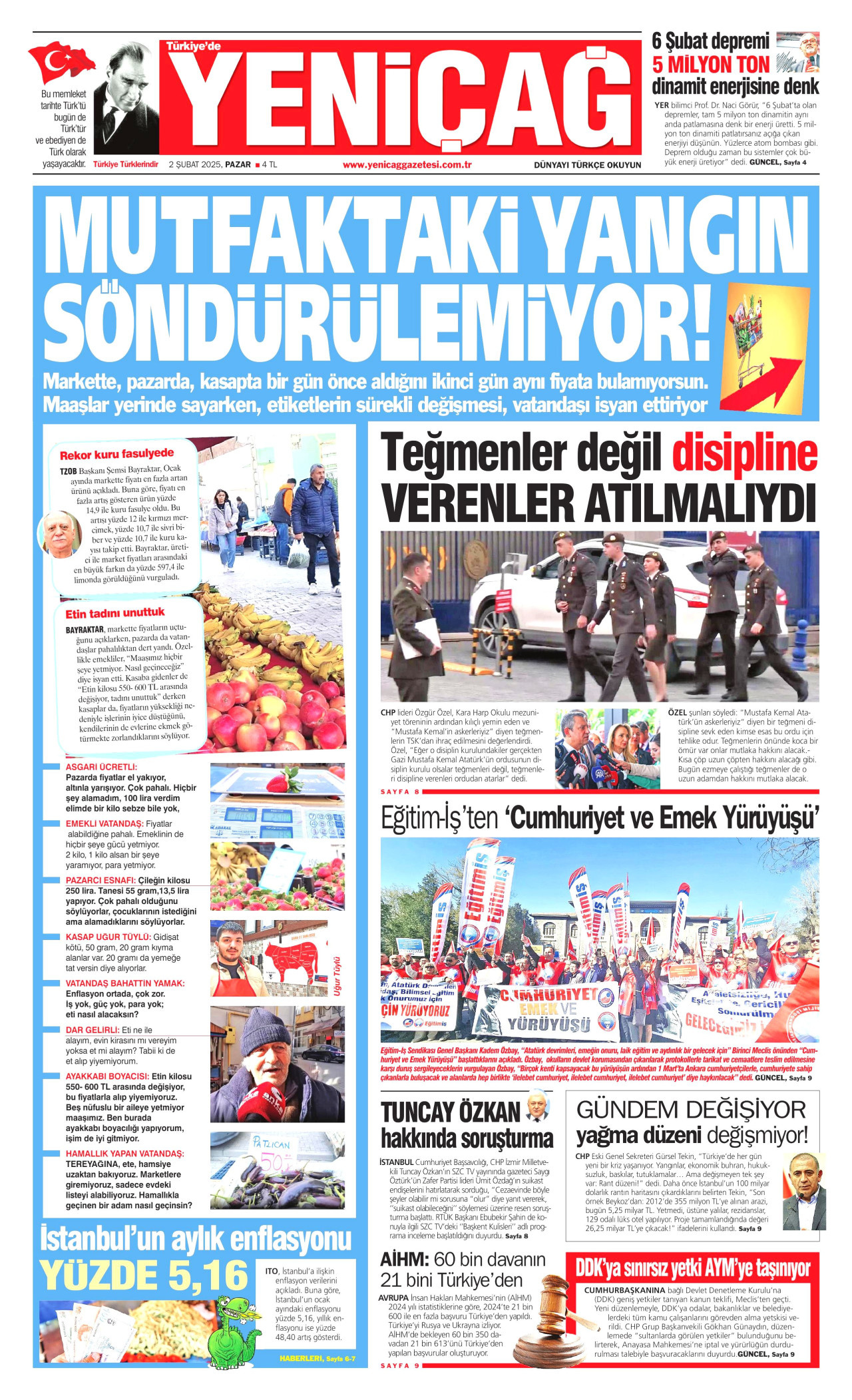 YENİÇAĞ gazetesinin 2 Şubat 2025 tarihli birinci sayfası
