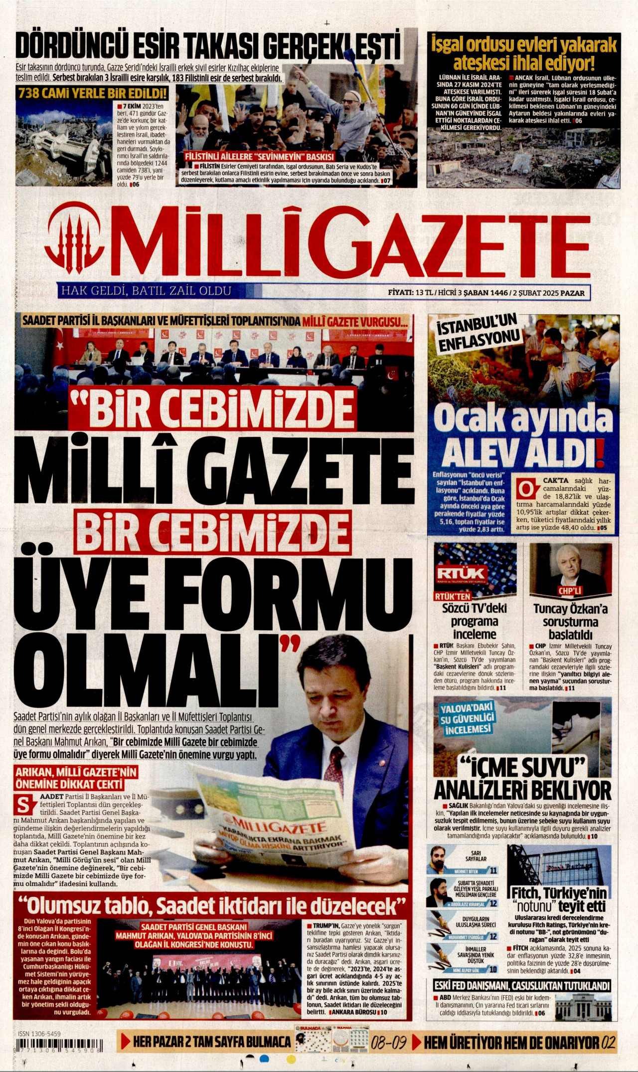 MİLLİ GAZETE gazetesinin 2 Şubat 2025 tarihli birinci sayfası