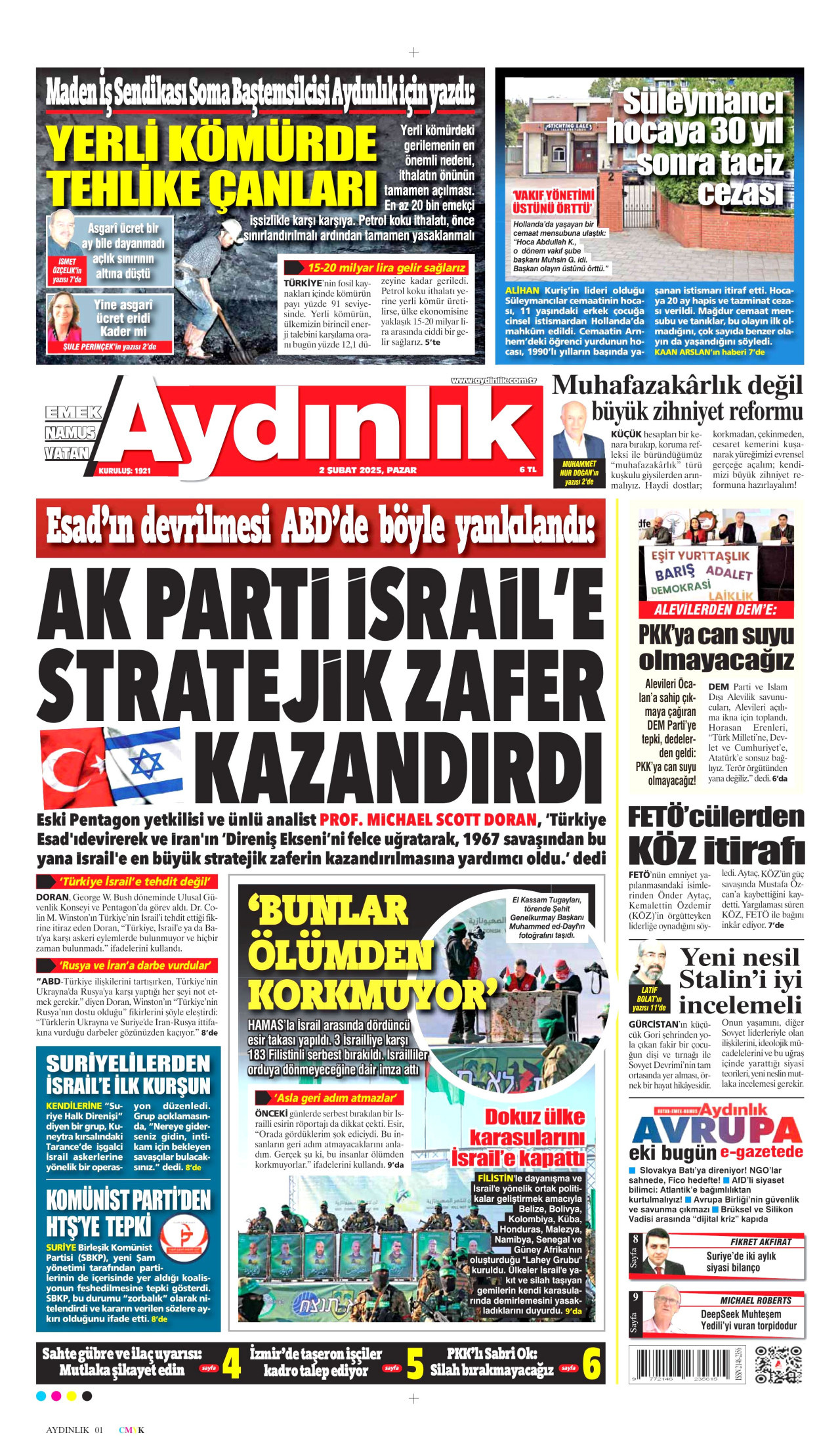 AYDINLIK GAZETESİ gazetesinin 2 Şubat 2025 tarihli birinci sayfası