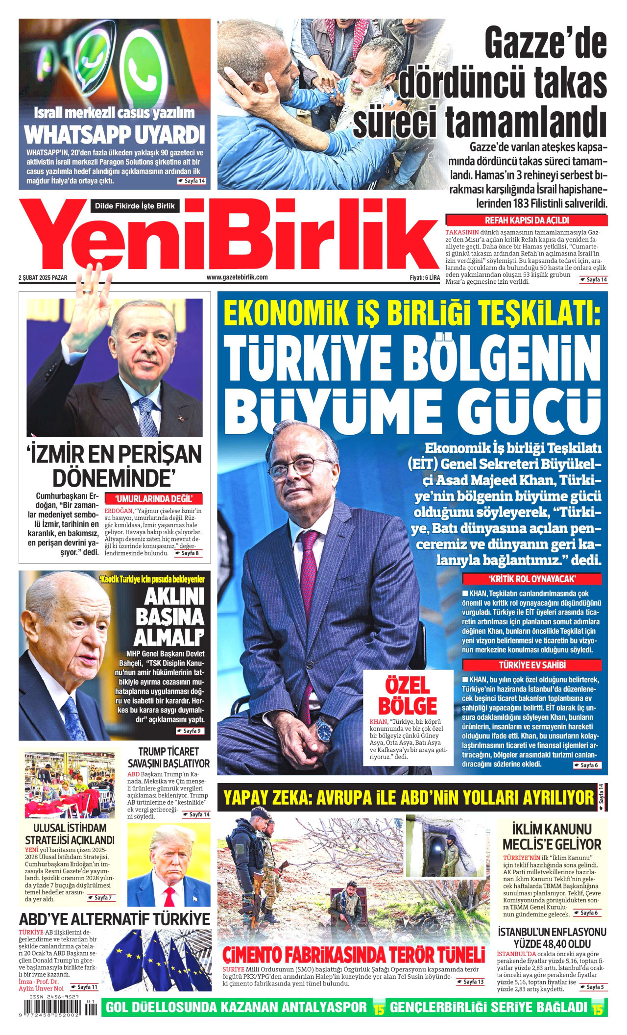 YENİBİRLİK gazetesinin 2 Şubat 2025 tarihli birinci sayfası