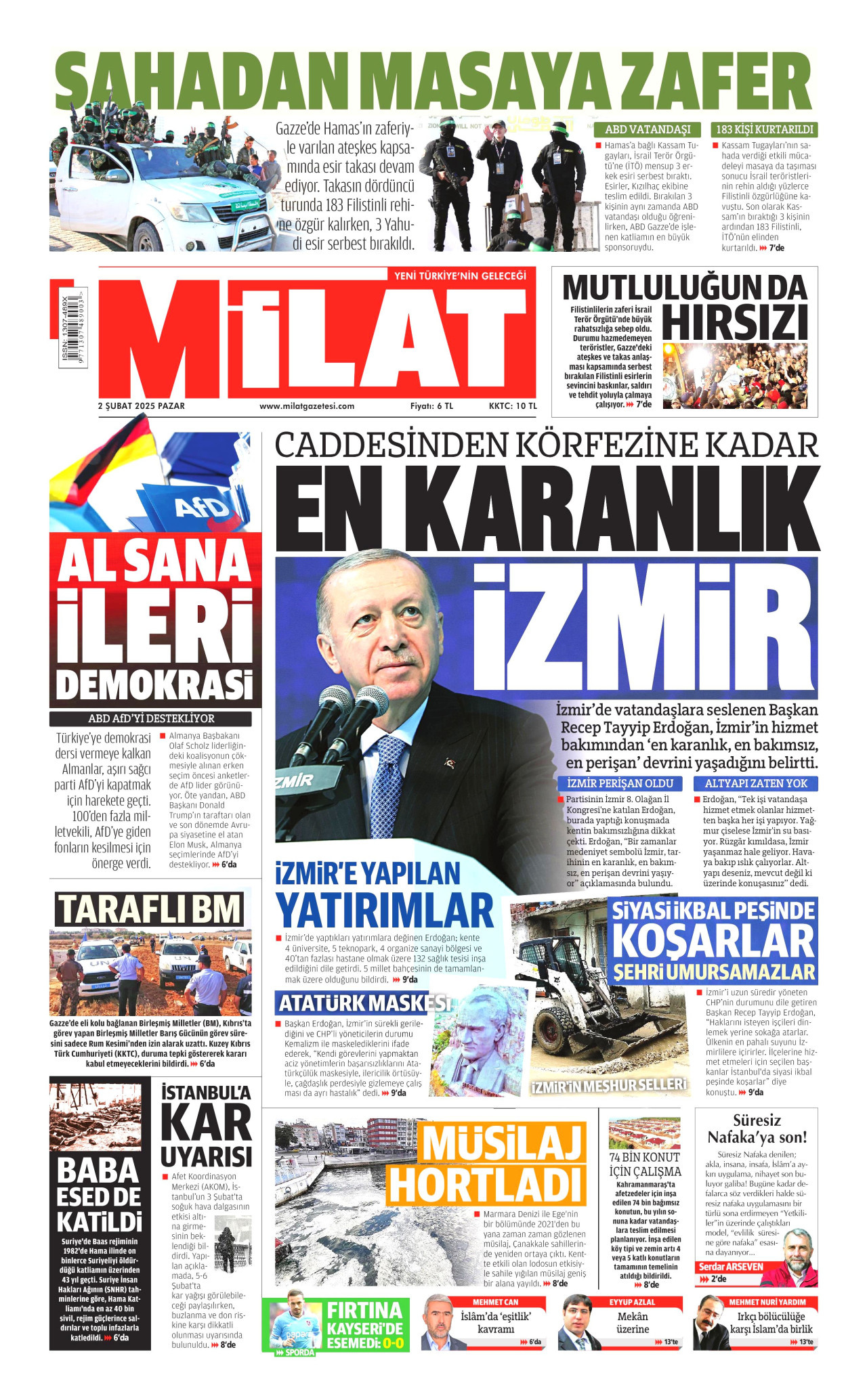 MİLAT gazetesinin 2 Şubat 2025 tarihli birinci sayfası