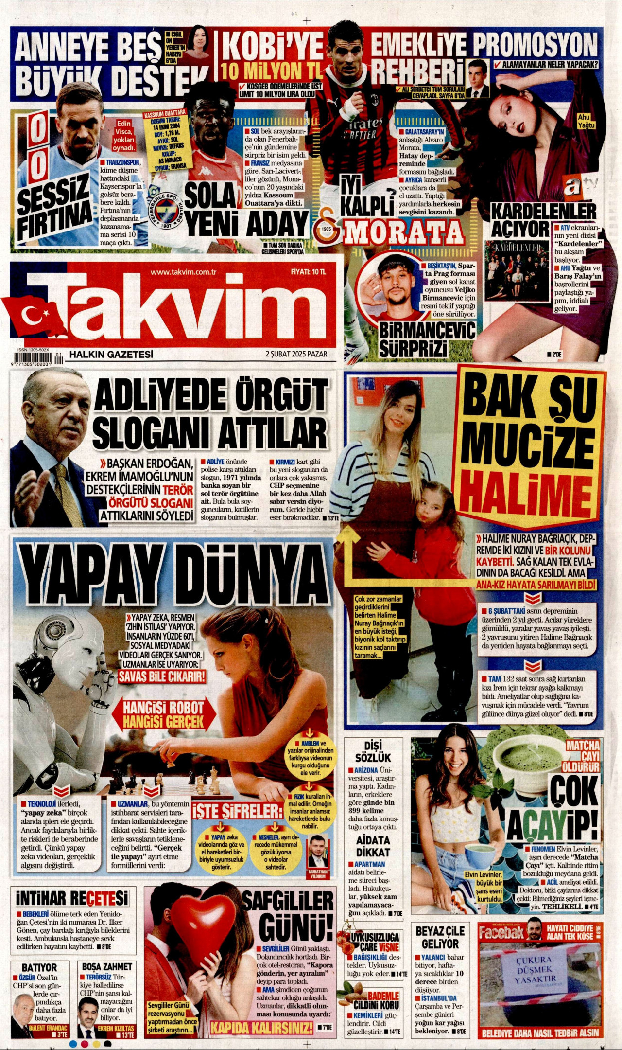 TAKVİM gazetesinin 2 Şubat 2025 tarihli birinci sayfası