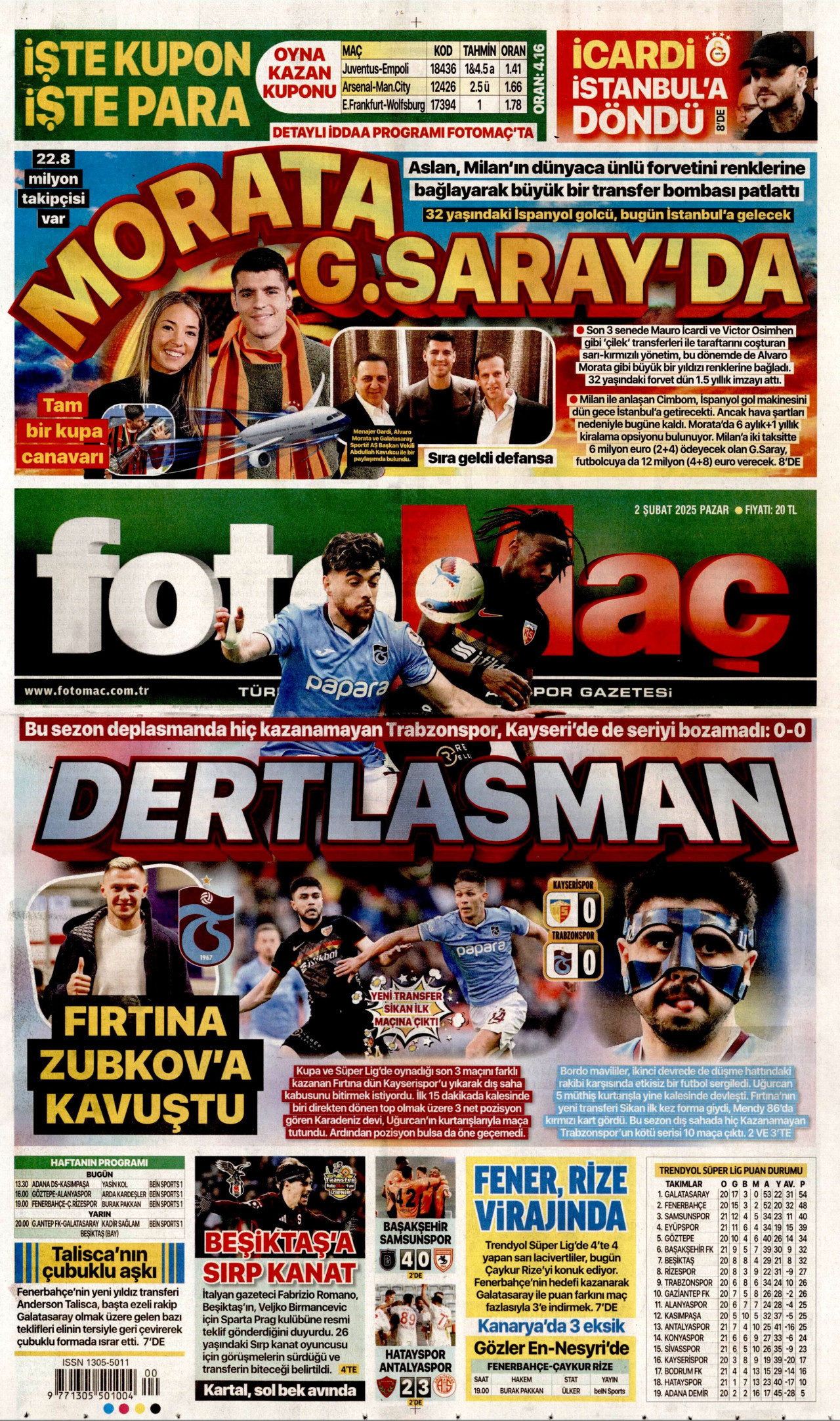 FOTOMAÇ gazetesinin 2 Şubat 2025 tarihli birinci sayfası