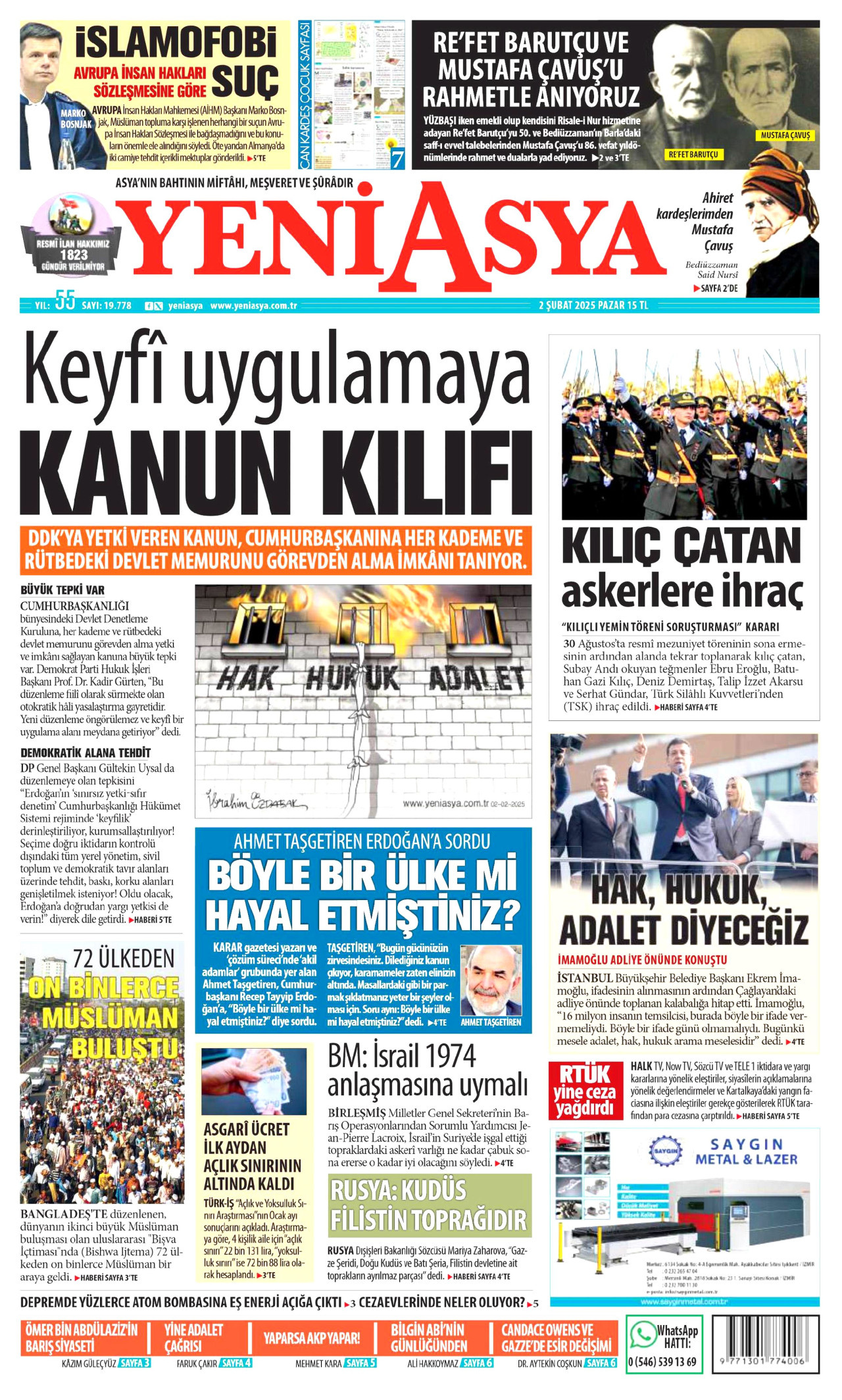 YENİ ASYA gazetesinin 2 Şubat 2025 tarihli birinci sayfası