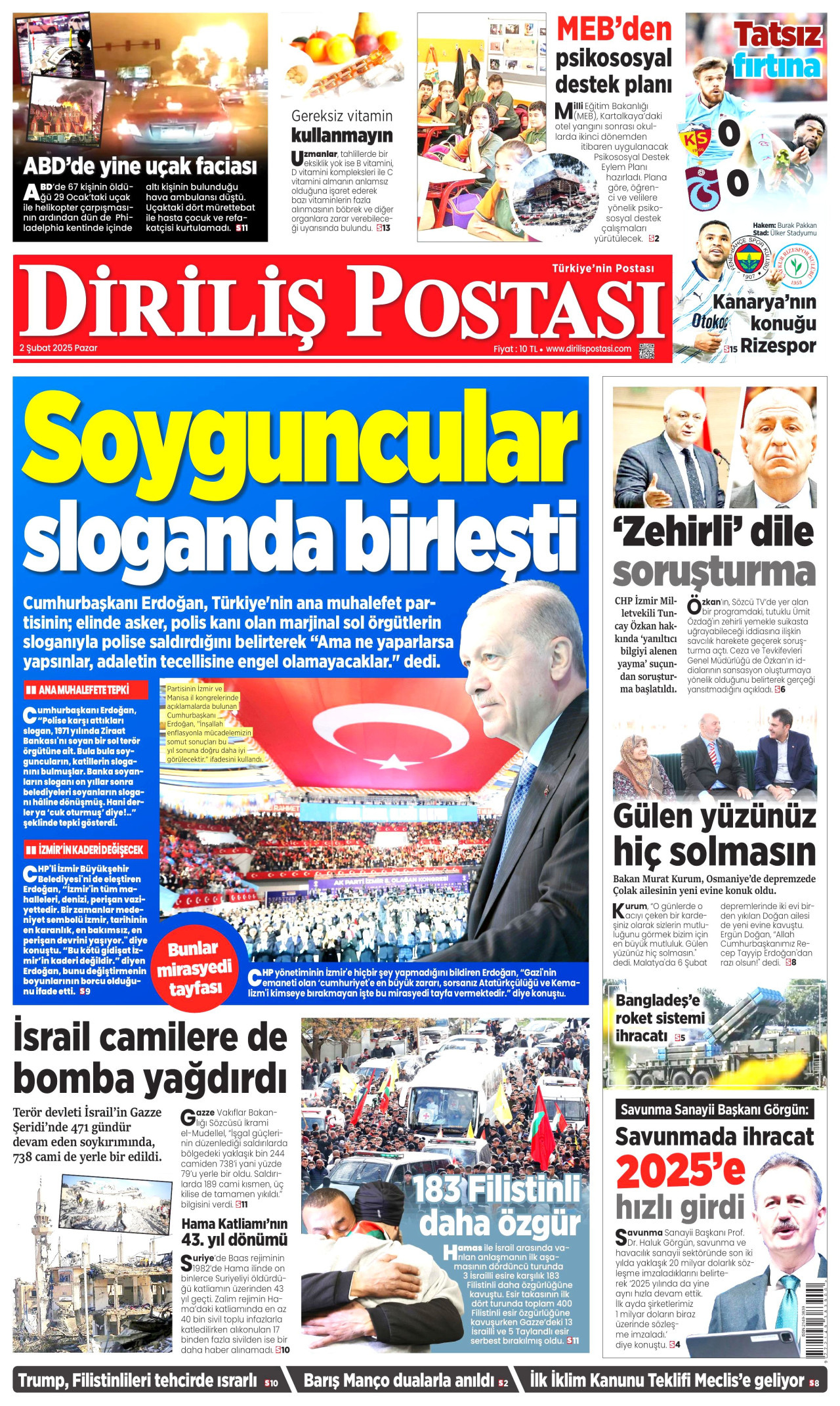 DİRİLİŞ POSTASI gazetesinin 2 Şubat 2025 tarihli birinci sayfası