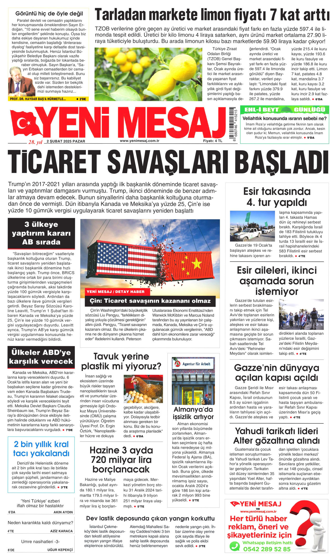 YENİ MESAJ gazetesinin 2 Şubat 2025 tarihli birinci sayfası
