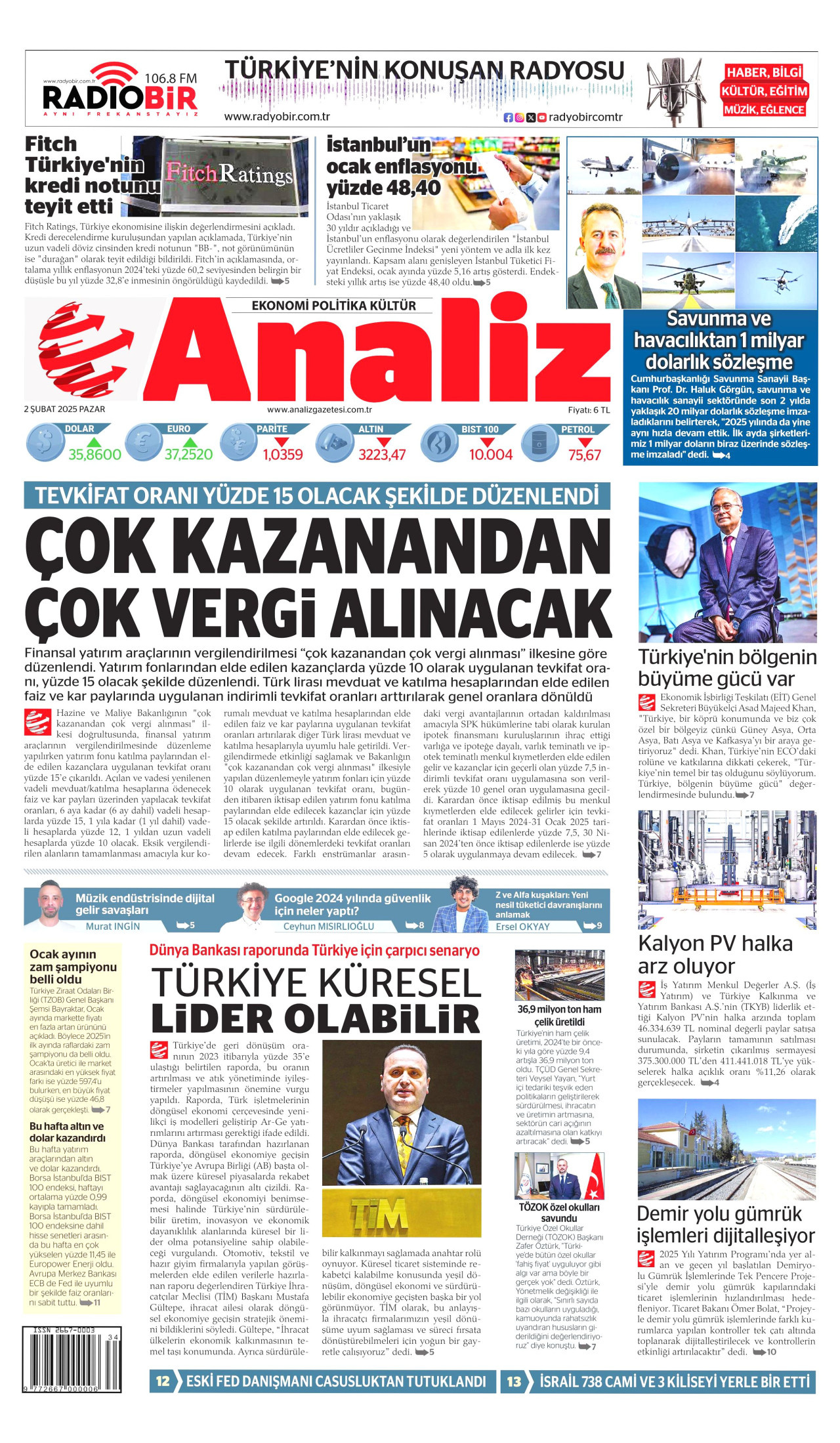ANALİZ gazetesinin 2 Şubat 2025 tarihli birinci sayfası