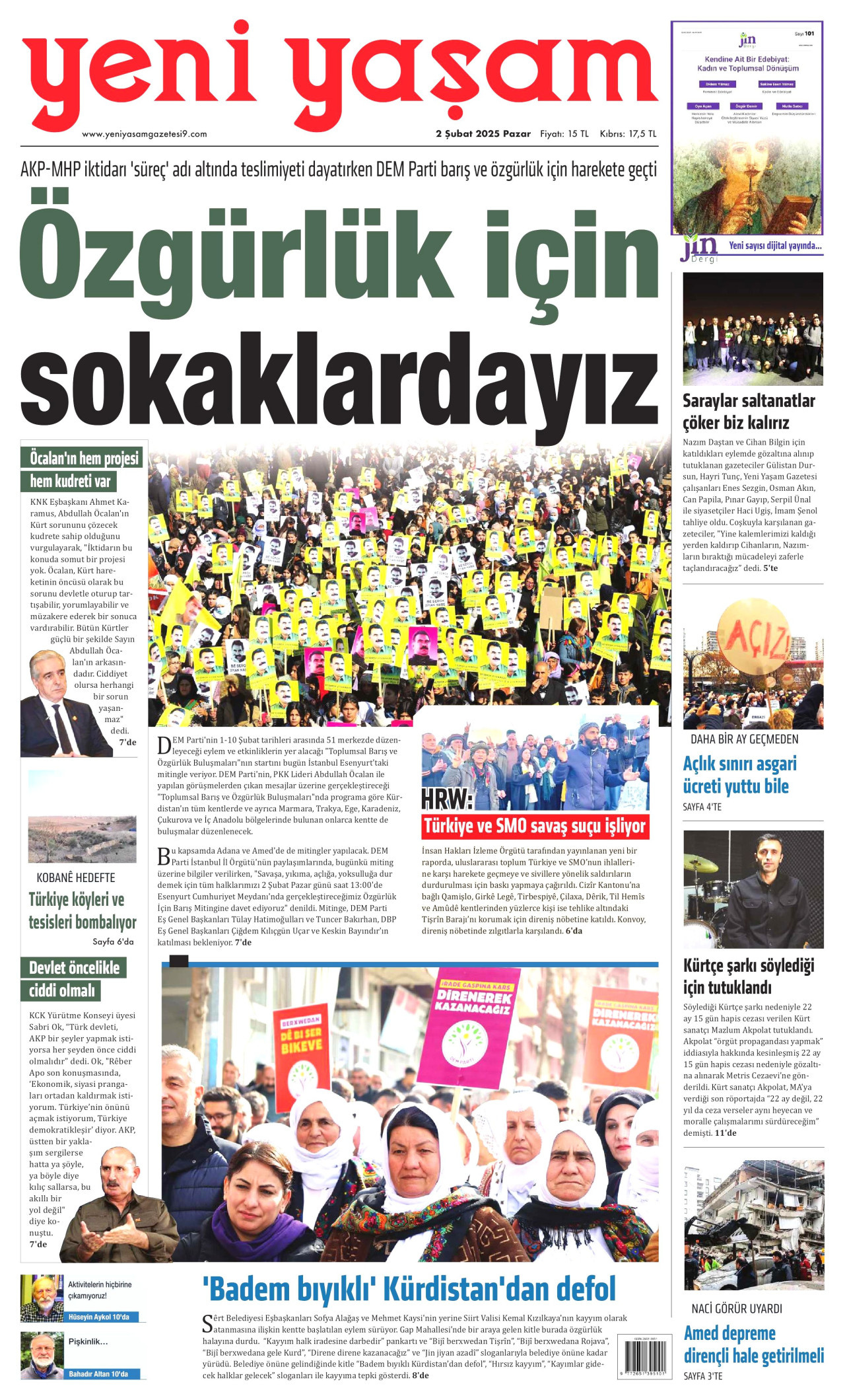YENİ YAŞAM gazetesinin 2 Şubat 2025 tarihli birinci sayfası