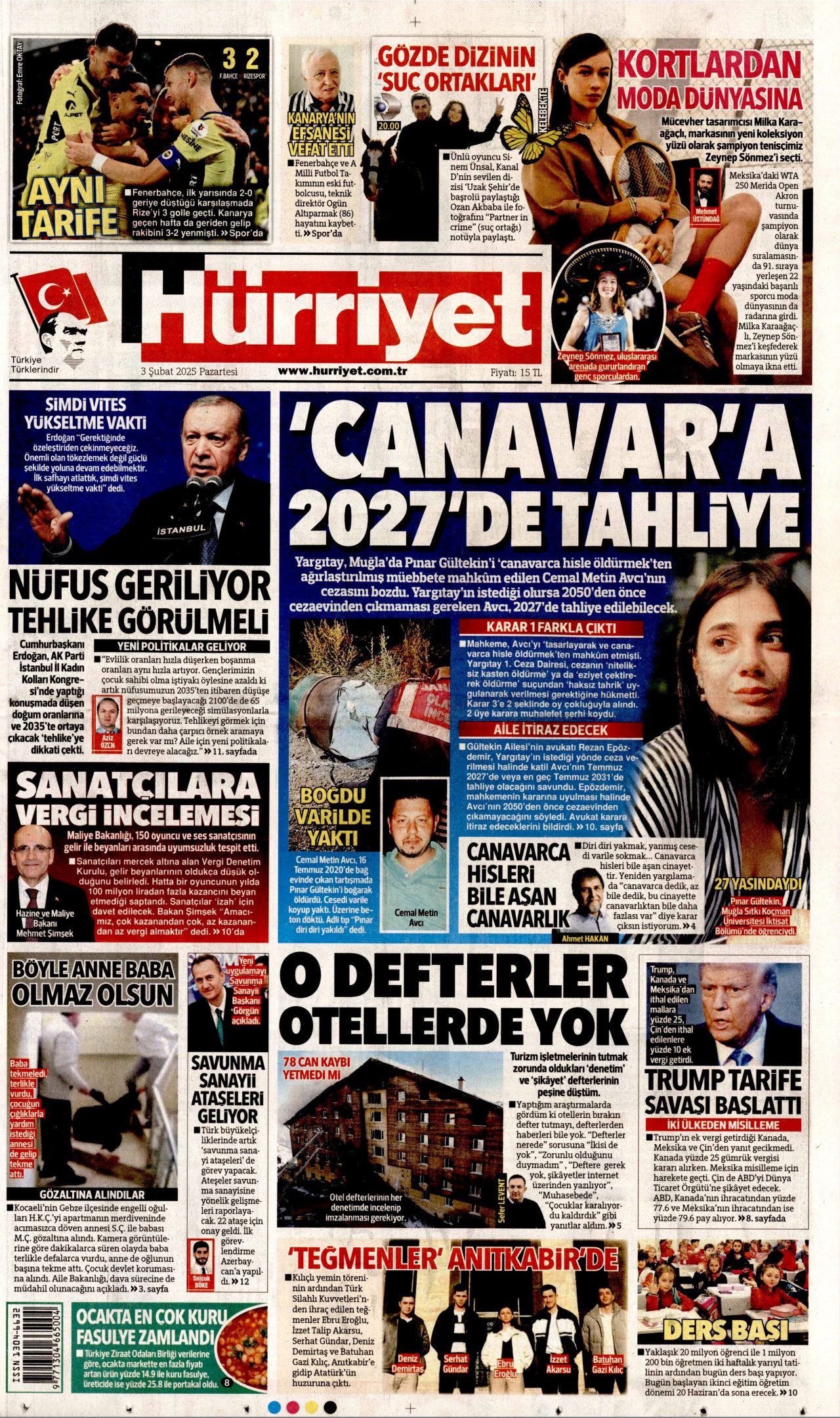 HÜRRİYET gazetesinin 3 Şubat 2025 tarihli birinci sayfası