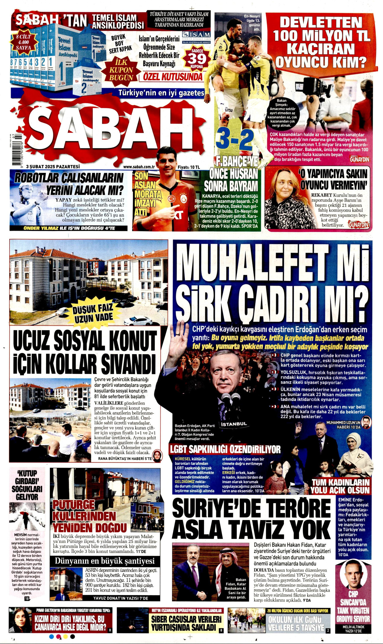 SABAH gazetesinin 3 Şubat 2025 tarihli birinci sayfası