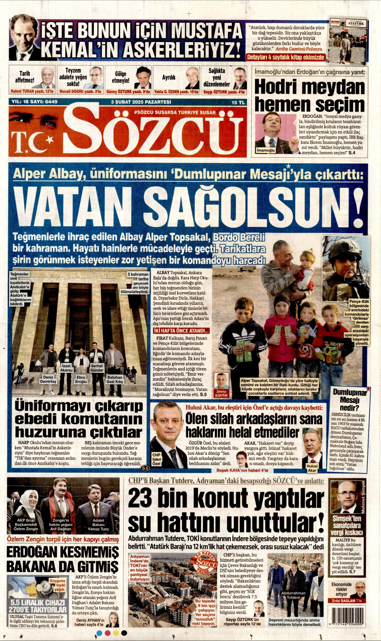 SÖZCÜ gazetesinin 3 Şubat 2025 tarihli birinci sayfası