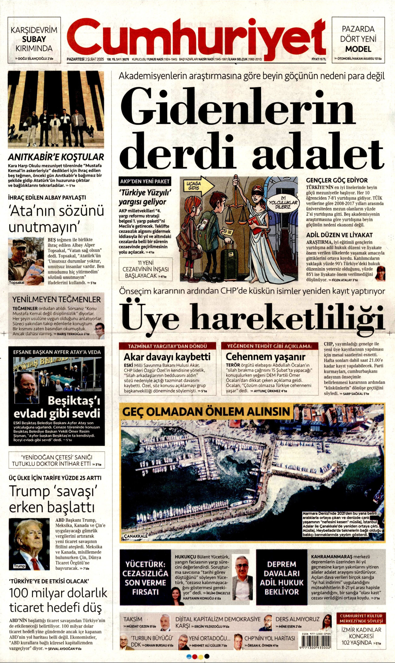 CUMHURİYET gazetesinin 3 Şubat 2025 tarihli birinci sayfası