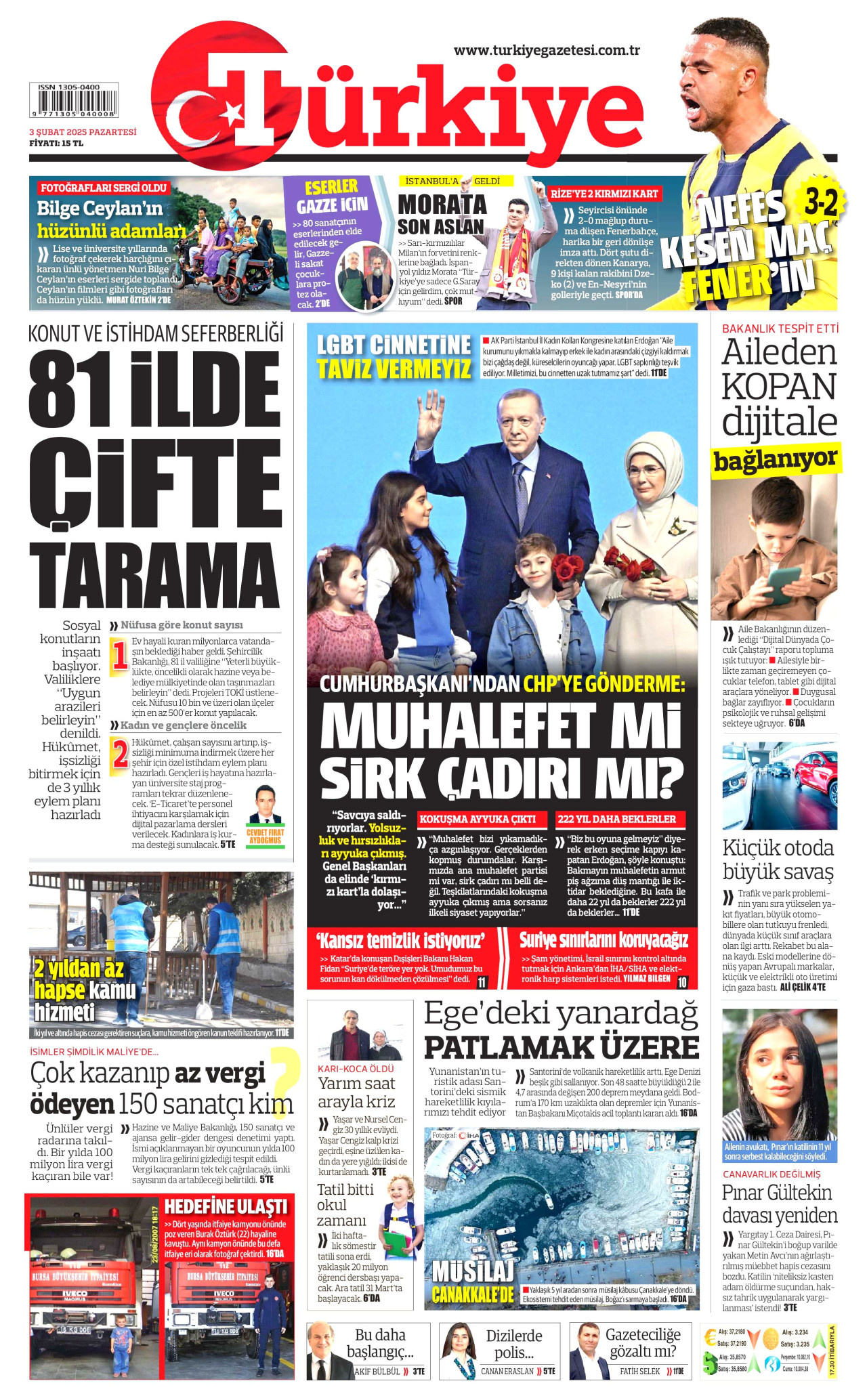 TÜRKİYE GAZETESİ gazetesinin 3 Şubat 2025 tarihli birinci sayfası