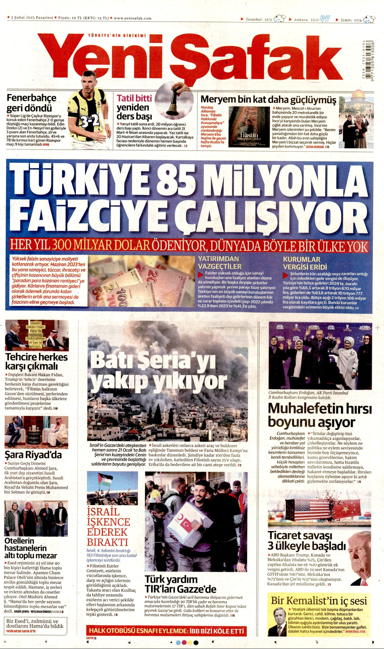 YENİ ŞAFAK gazetesinin 3 Şubat 2025 tarihli birinci sayfası