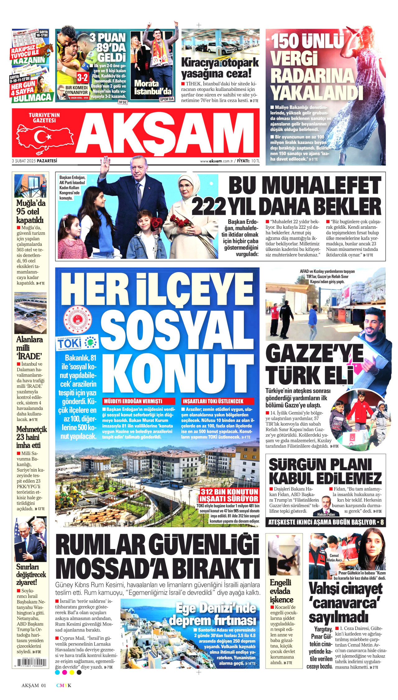 AKŞAM gazetesinin 3 Şubat 2025 tarihli birinci sayfası