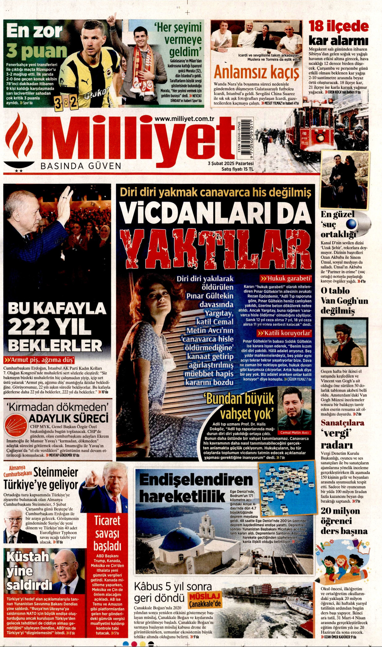 MİLLİYET gazetesinin 3 Şubat 2025 tarihli birinci sayfası