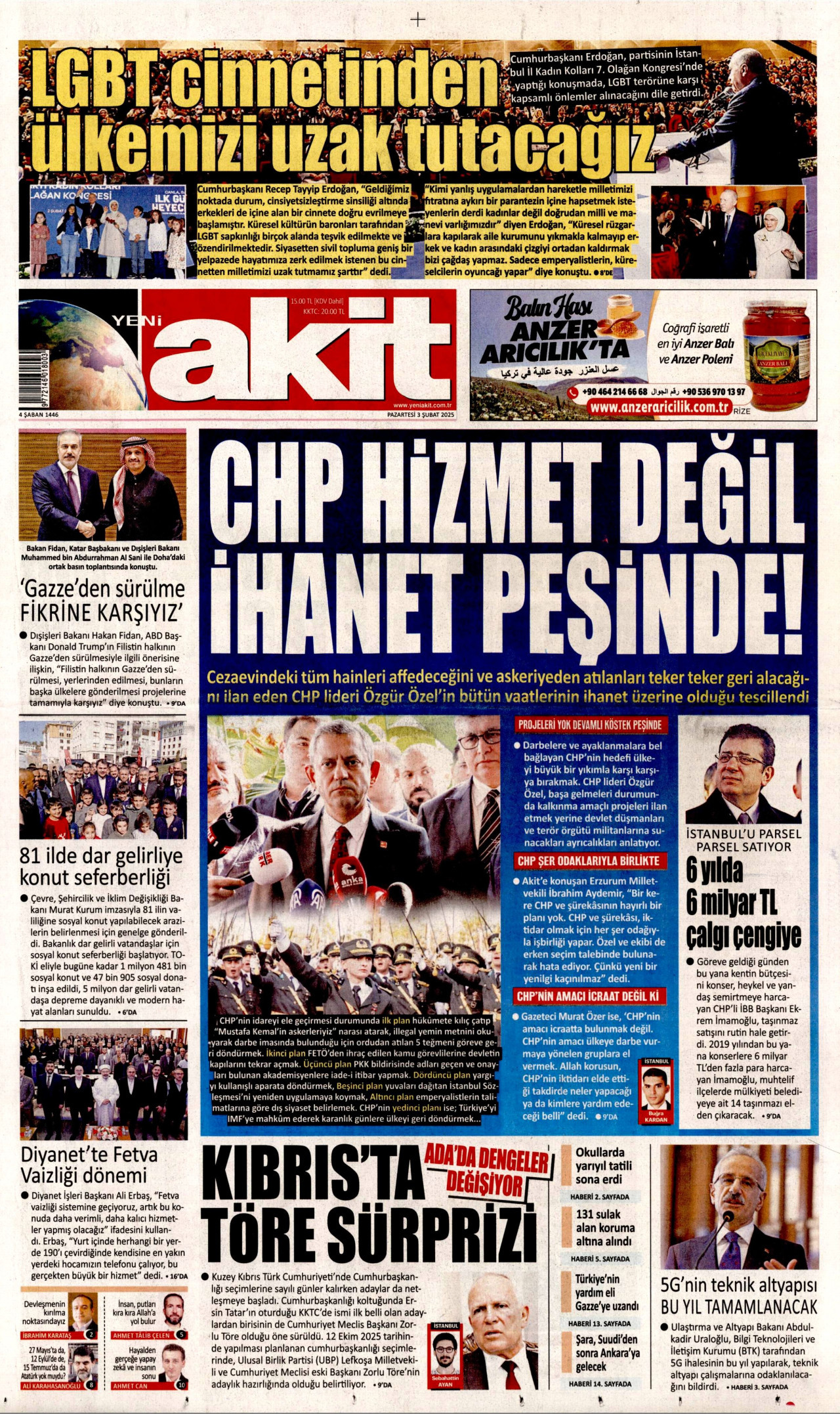 YENİ AKİT gazetesinin 3 Şubat 2025 tarihli birinci sayfası