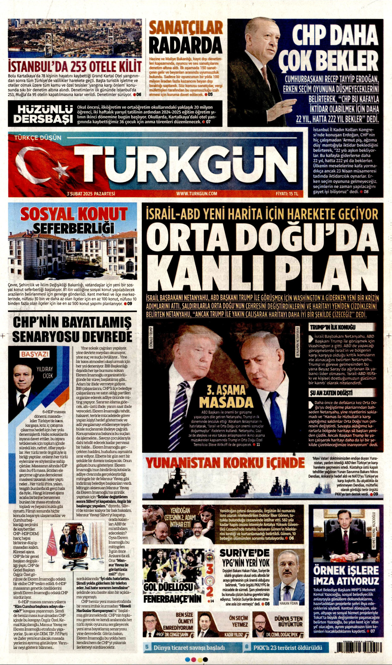 TÜRKGÜN gazetesinin 3 Şubat 2025 tarihli birinci sayfası