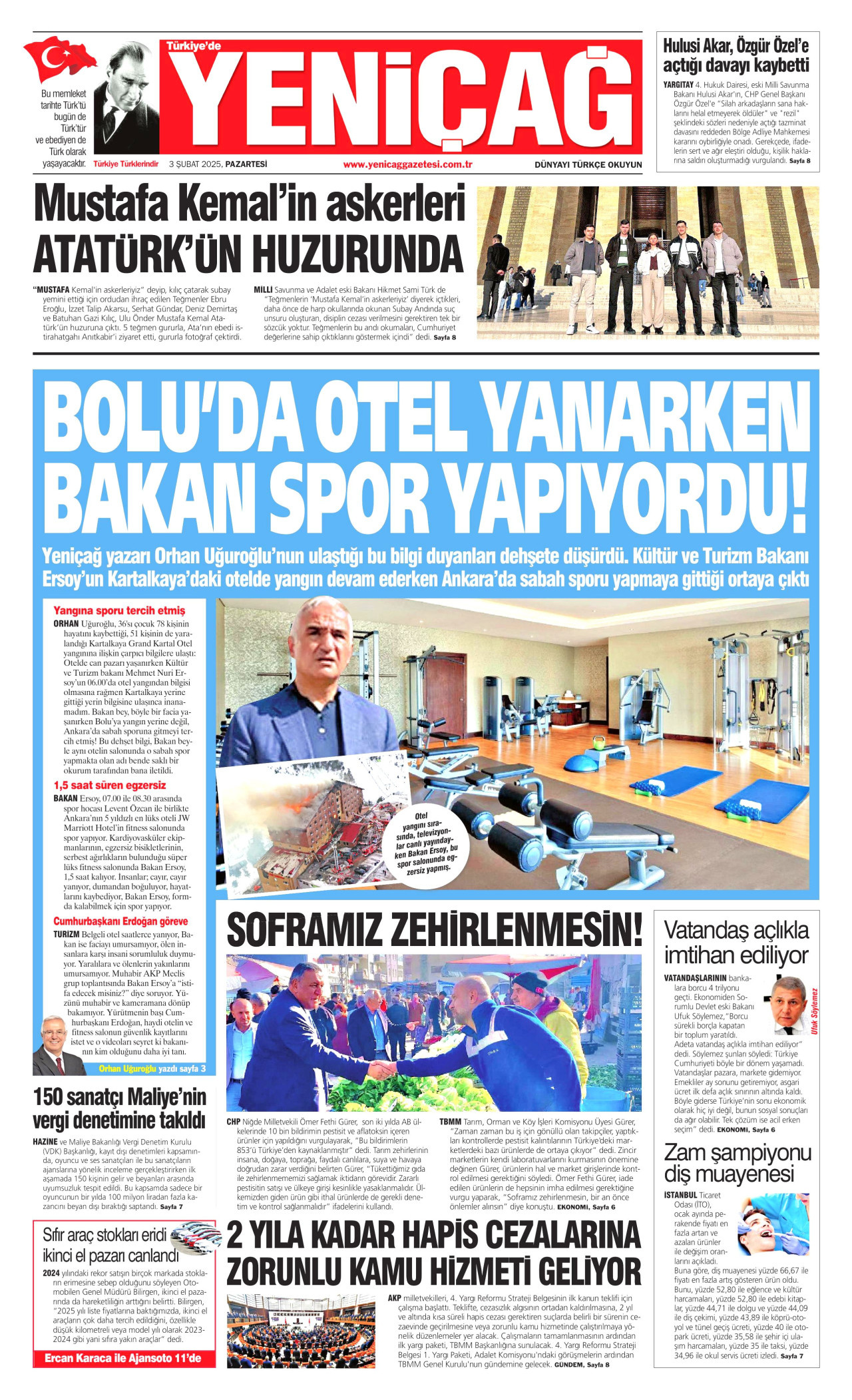 YENİÇAĞ gazetesinin 3 Şubat 2025 tarihli birinci sayfası