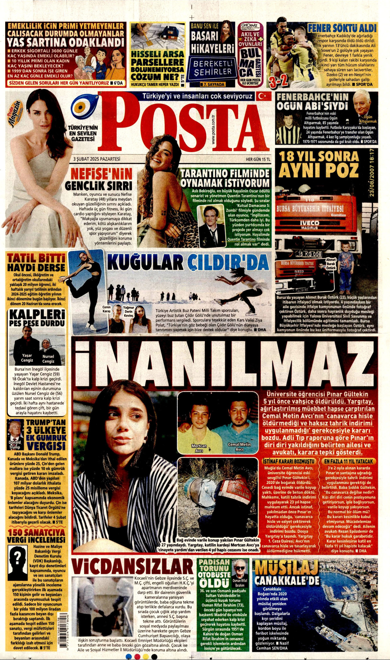 POSTA gazetesinin 3 Şubat 2025 tarihli birinci sayfası