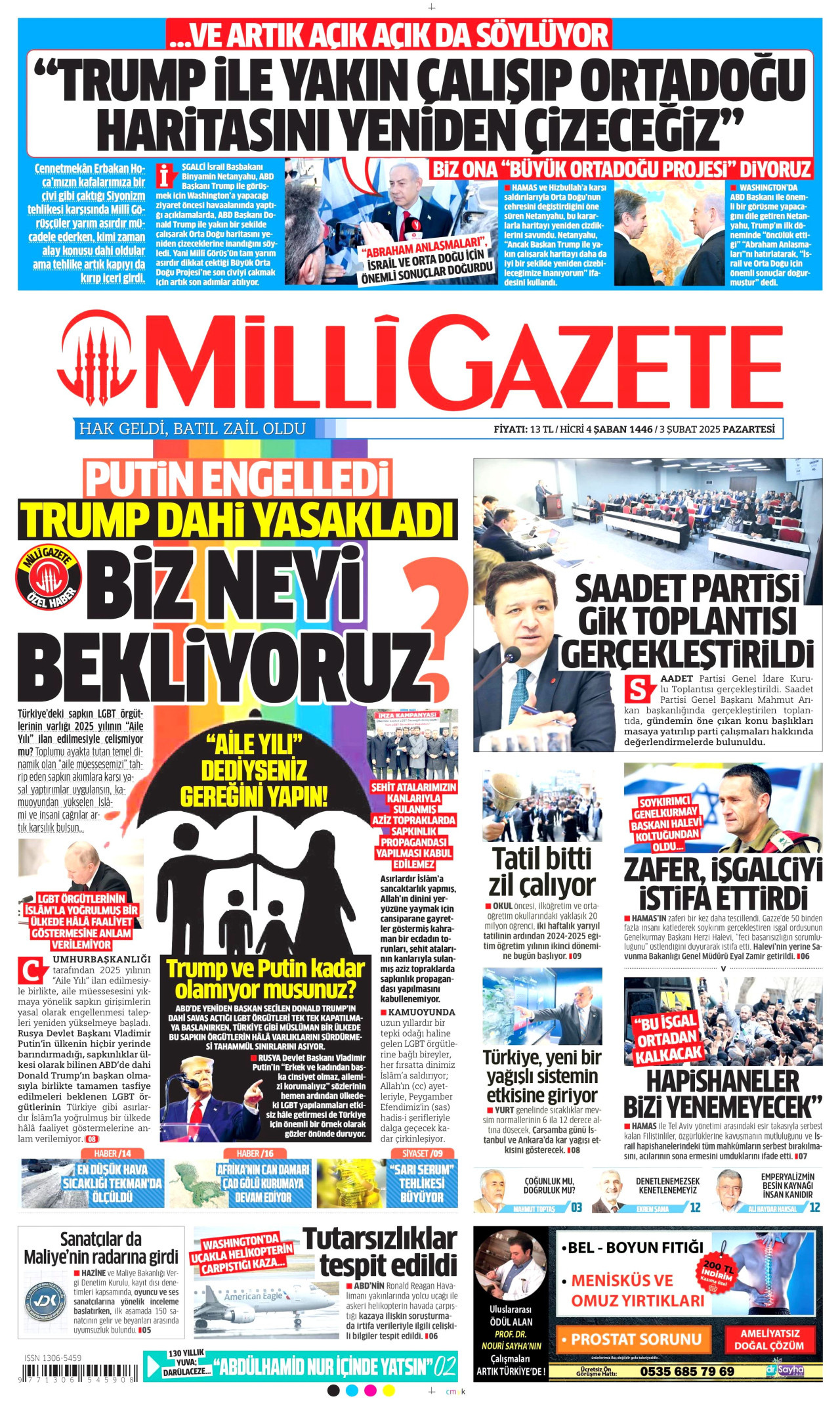 MİLLİ GAZETE gazetesinin 3 Şubat 2025 tarihli birinci sayfası