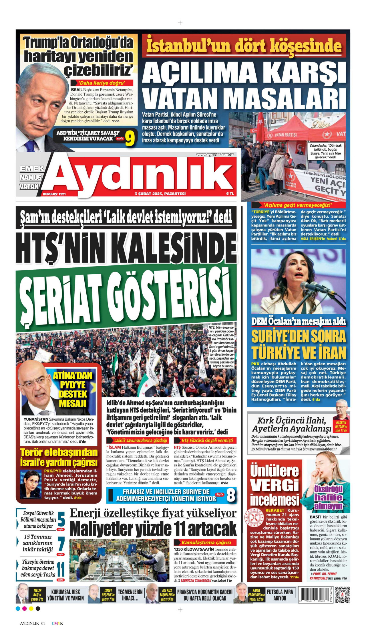AYDINLIK GAZETESİ gazetesinin 3 Şubat 2025 tarihli birinci sayfası