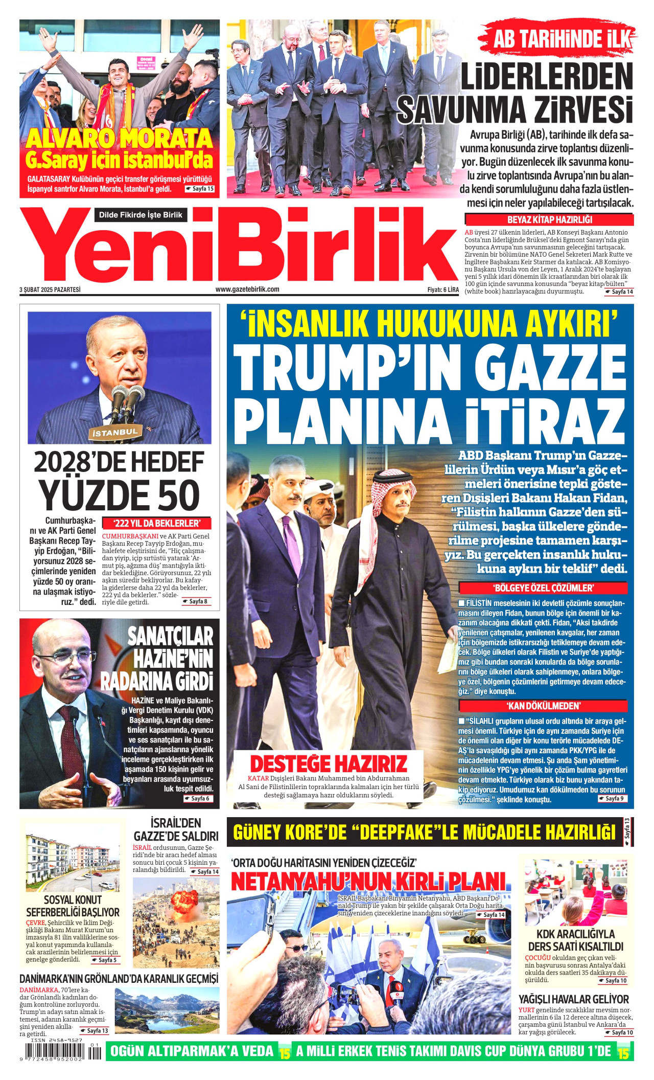 YENİBİRLİK gazetesinin 3 Şubat 2025 tarihli birinci sayfası