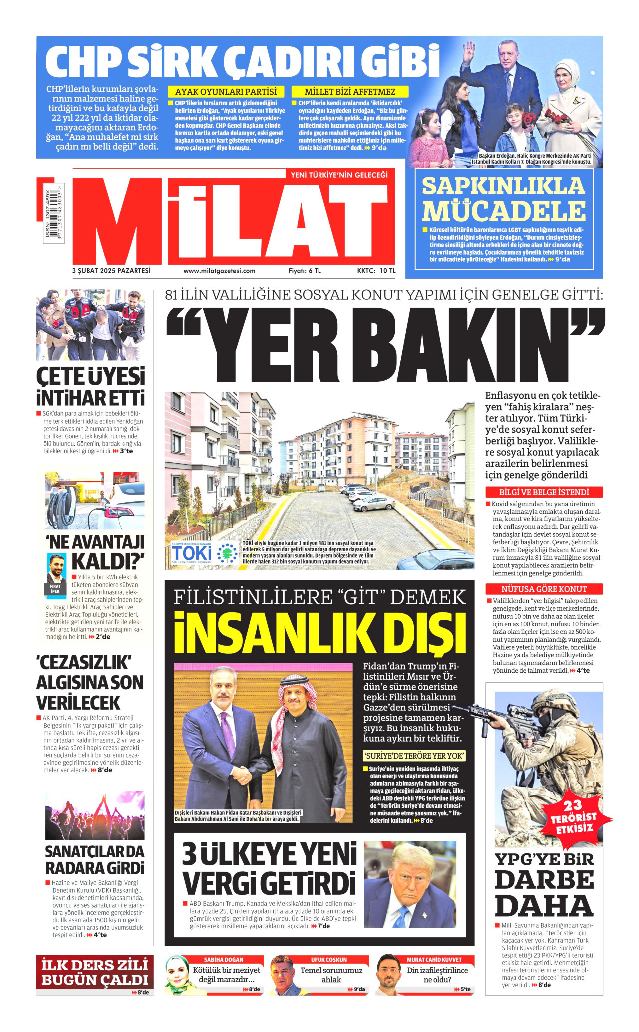 MİLAT gazetesinin 3 Şubat 2025 tarihli birinci sayfası