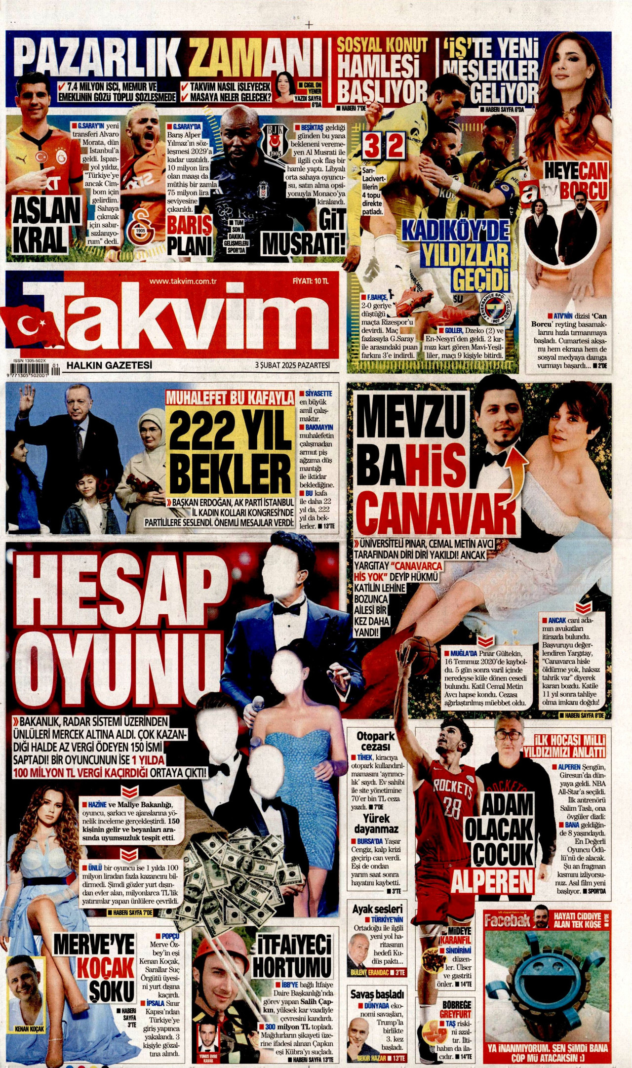 TAKVİM gazetesinin 3 Şubat 2025 tarihli birinci sayfası