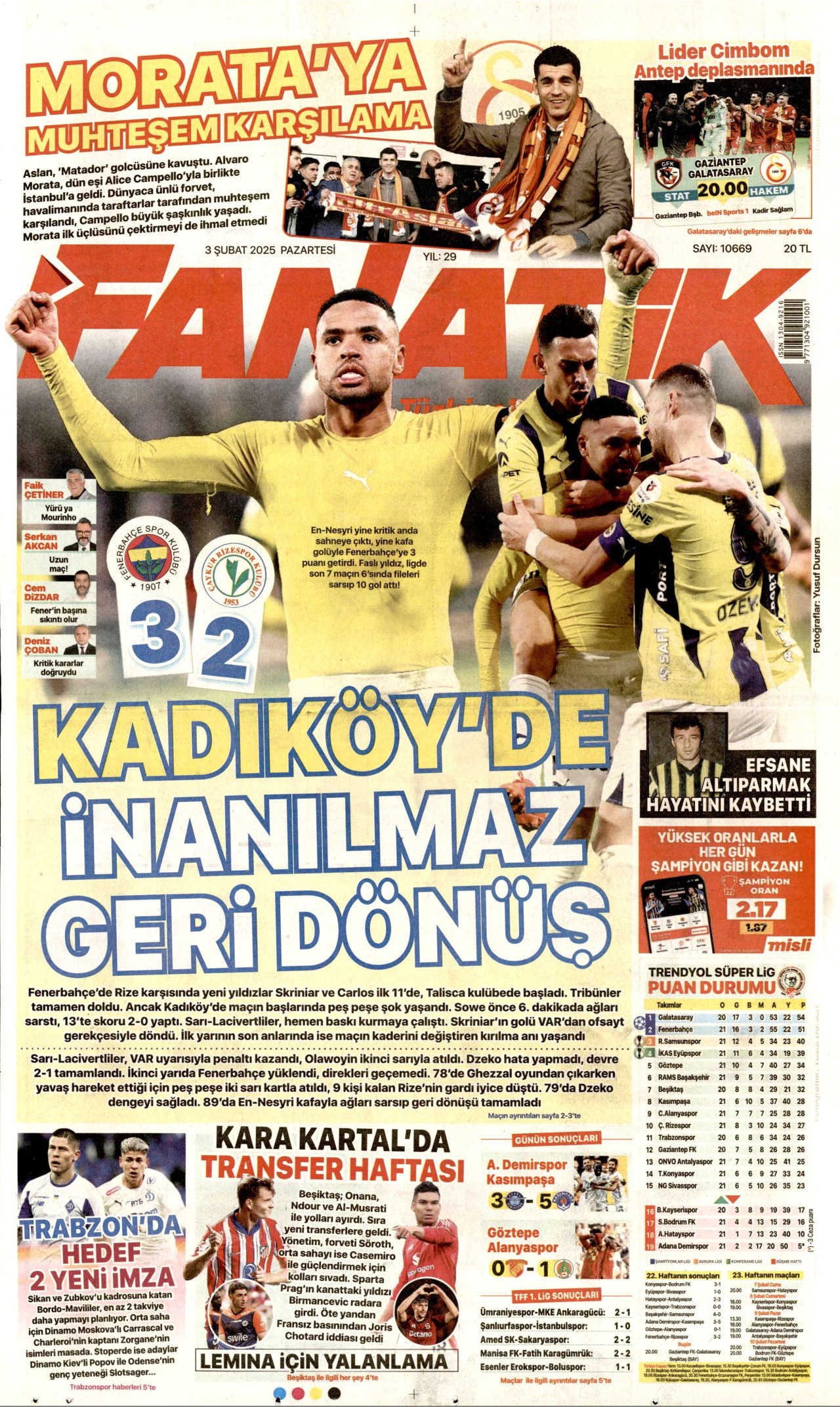 FANATİK gazetesinin 3 Şubat 2025 tarihli birinci sayfası