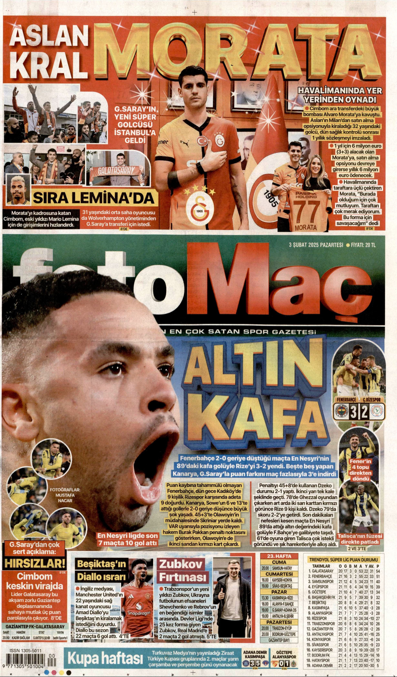 FOTOMAÇ gazetesinin 3 Şubat 2025 tarihli birinci sayfası