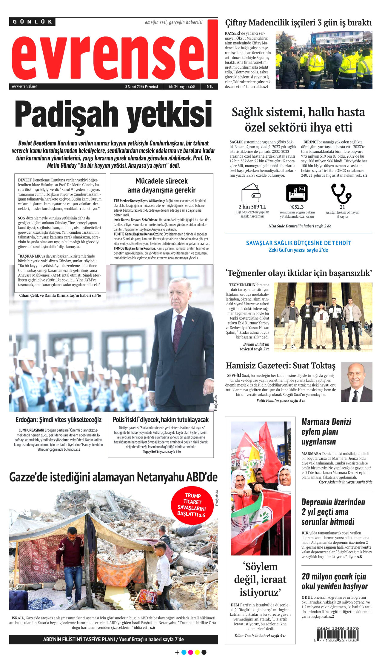EVRENSEL gazetesinin 3 Şubat 2025 tarihli birinci sayfası
