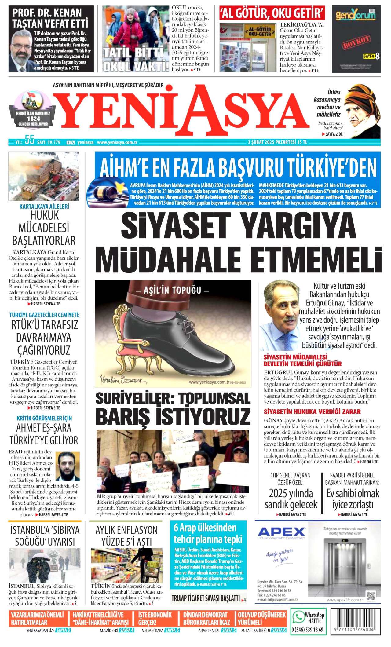 YENİ ASYA gazetesinin 3 Şubat 2025 tarihli birinci sayfası