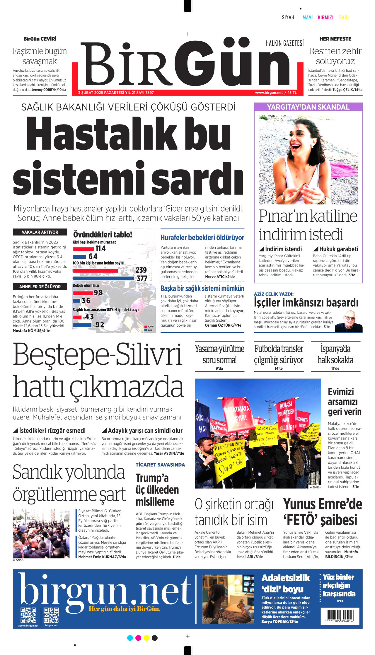 BİRGÜN gazetesinin 3 Şubat 2025 tarihli birinci sayfası