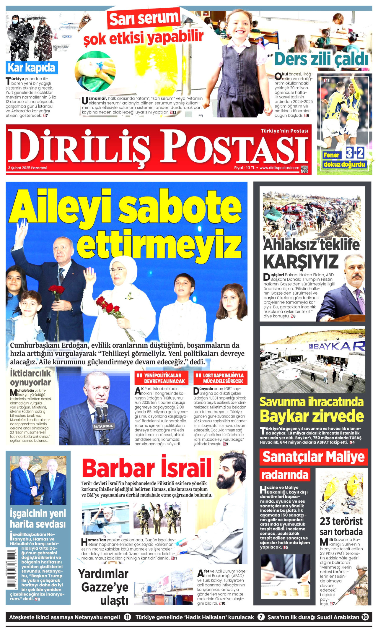 DİRİLİŞ POSTASI gazetesinin 3 Şubat 2025 tarihli birinci sayfası