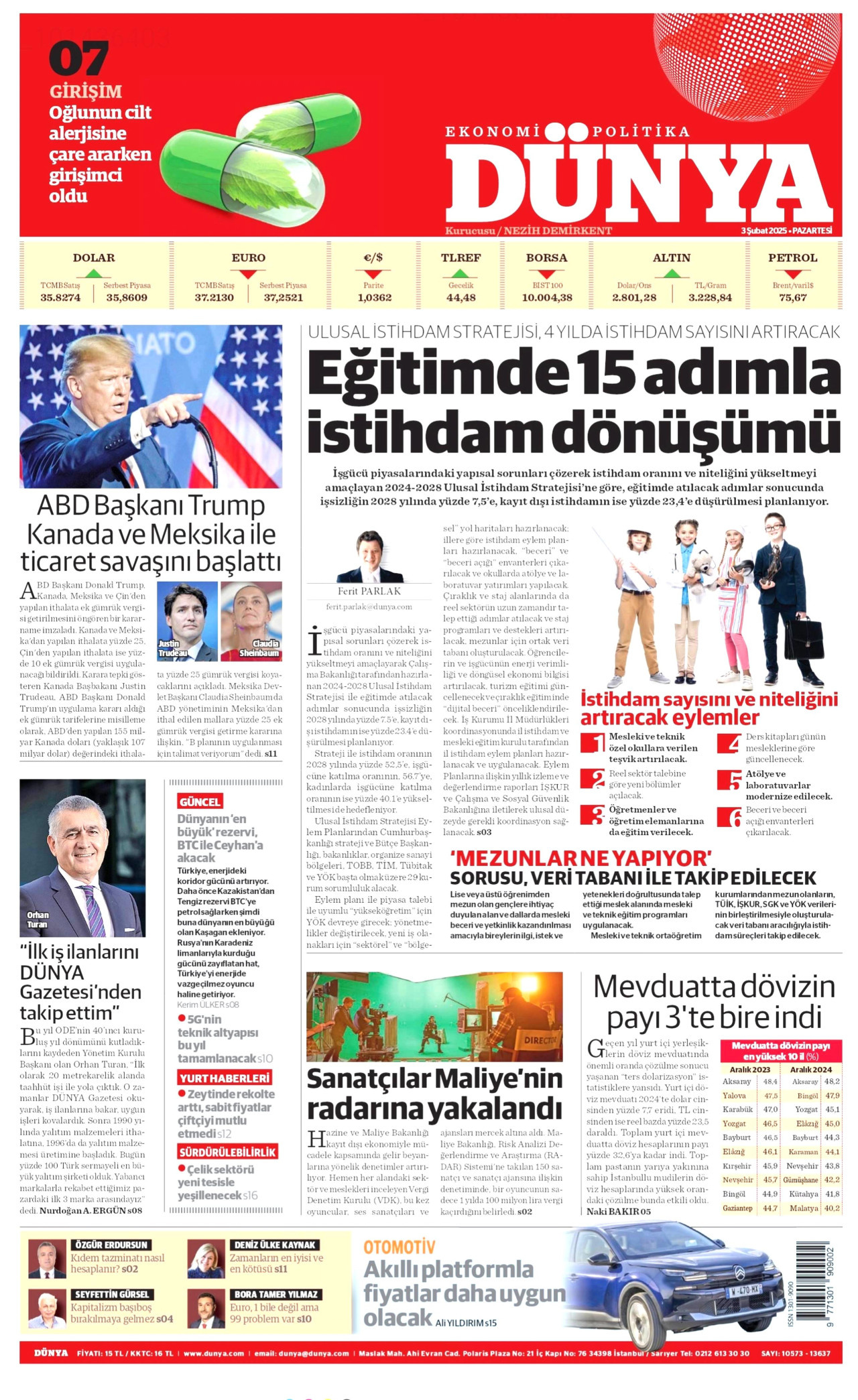DÜNYA gazetesinin 3 Şubat 2025 tarihli birinci sayfası